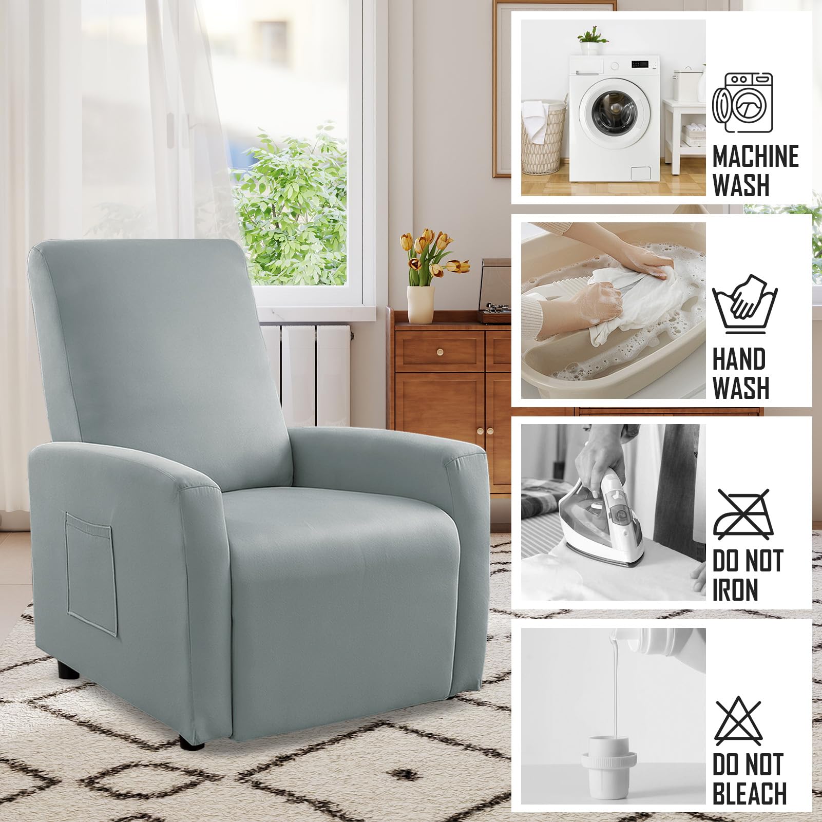 MeYuxg Copri Poltrona Relax Reclinabile a 1 Posto, Elasticizzato Copripoltrona Relax Reclinabile con Tasche, Impermeabile Copri Poltrona Totale, per Poltronas Relaxs e TV(Grigio Chiaro, 4 Pezzi)