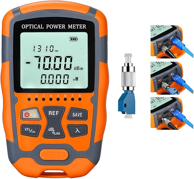 Fiber Optic Tester Portable Fiber Light Power Meter FC/SC/ST Universal Interface Fiber Tester Built-in 10Km Visual Fault Locator (OPM&VFL) with 1pc FC to LC Adapter | -70~+10dBm, 10 Standard Test Wavelengths, 2.5mm Universal Interface, OPM & VFL-10, RJ45 Wiring Sequence Test, LED Lighting