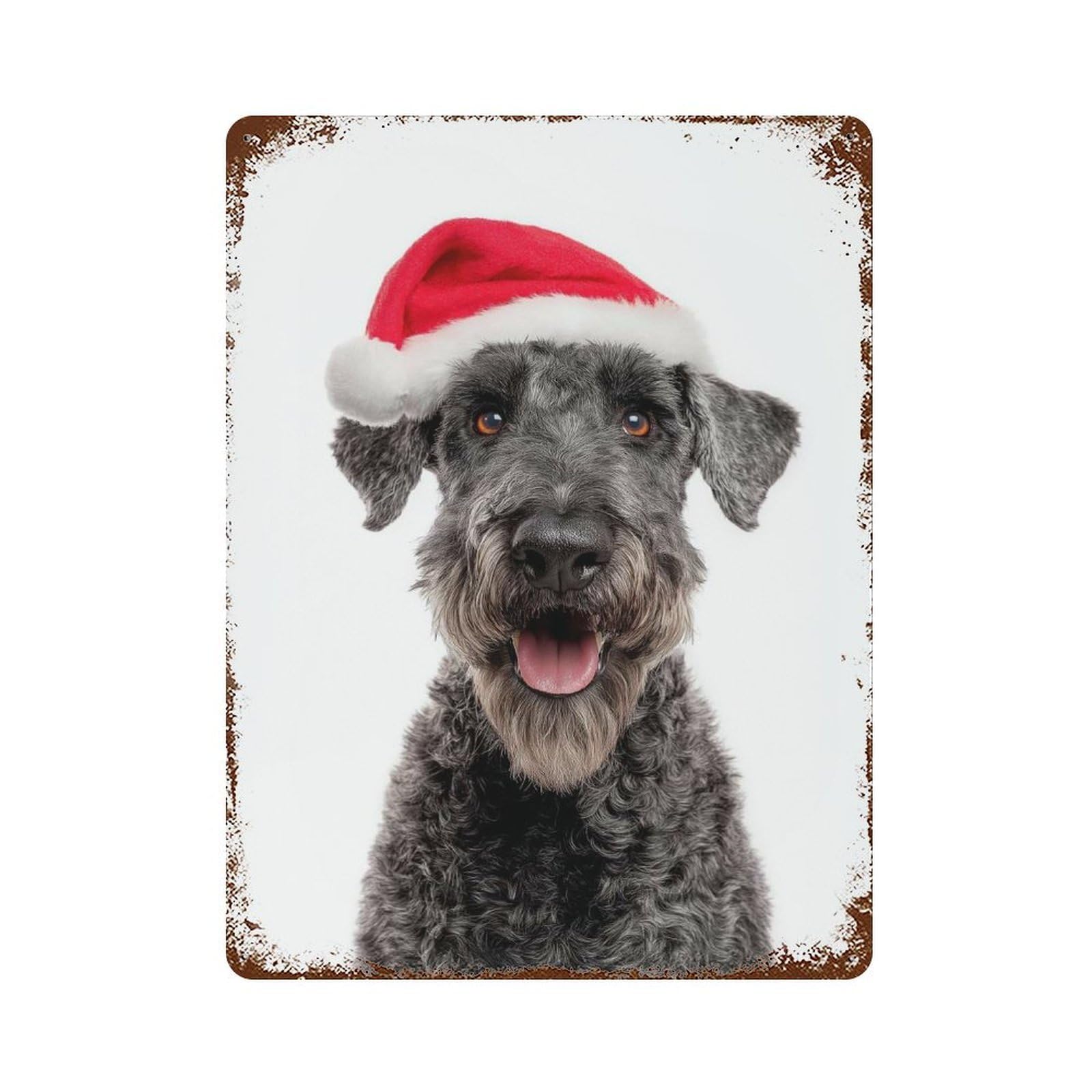Garage Style Kerry Blue Terrier Dog with Santa Hat on White Vintage Rust Metal Sign 15.7"x11.8", Rustic Home Decor for Bar And Workshop