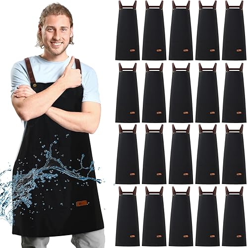 Paquete de 20 delantales de PVC impermeables color negro resistente con correa ajustable para el cuello, delantal de cocina para cocinar,