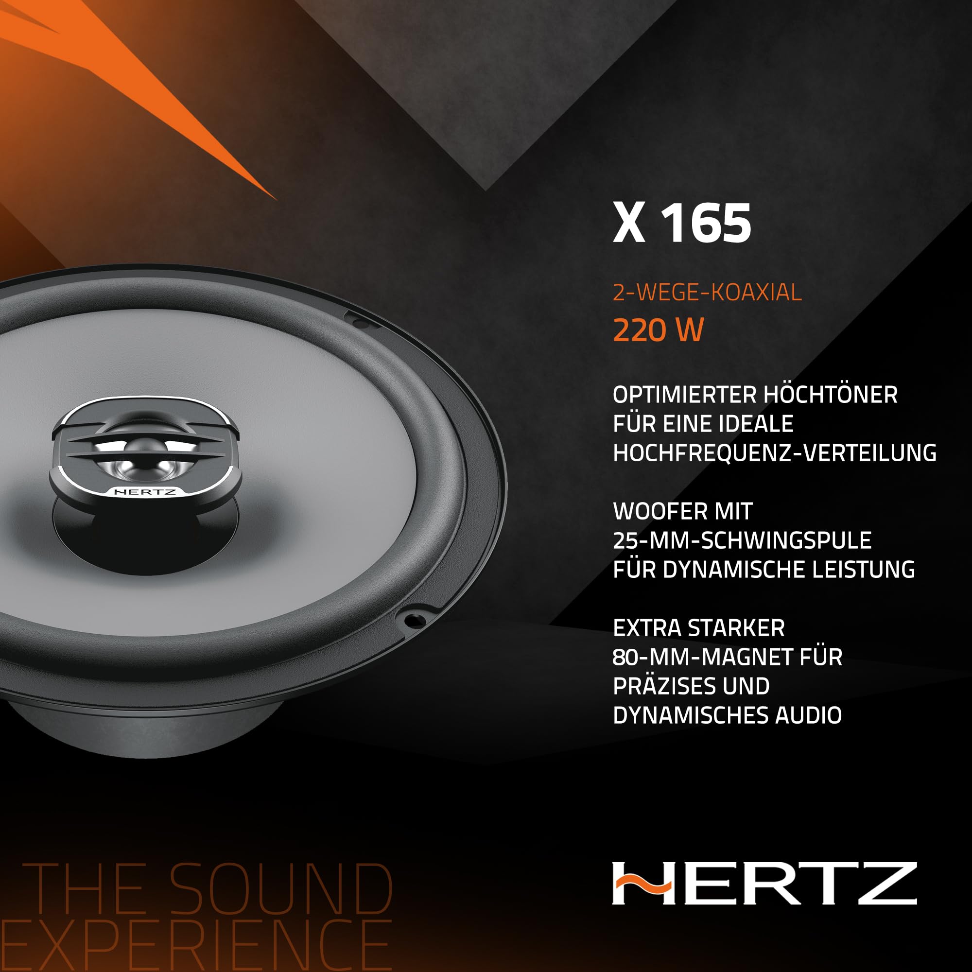 Hertz X 165 – Paar 2-Wege-Koaxiallautsprecher 165 mm, 220W Peak, 55W RMS, 4 Ohm, Wasserabweisende Presspapiermembran, 24 mm PEI-Hochtöner, einfache DIN-Installation