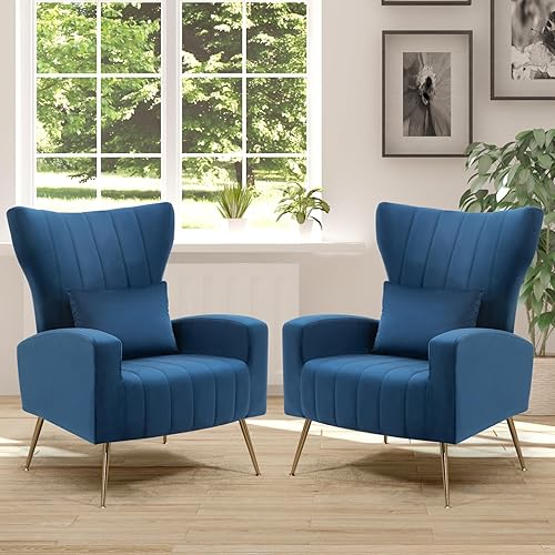 Miniatura 8 de X-VOLSPORT Silla decorativa negra con respaldo alto, sillas de sala de estar con almohada lumbar y patas doradas, sillón de terciopelo moderno de