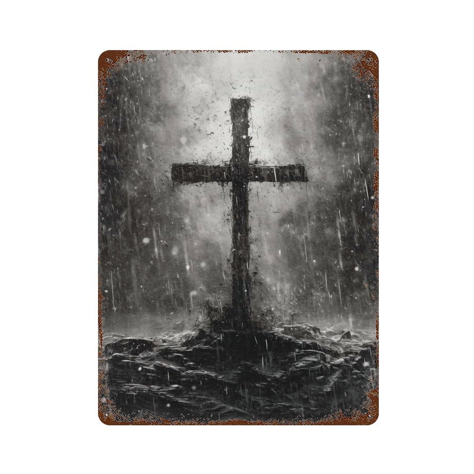 Garage Style Cross in A Storm Decorative Tin Sign 15.7"x11.8", Industrial Home Decor for Bar And Workshop