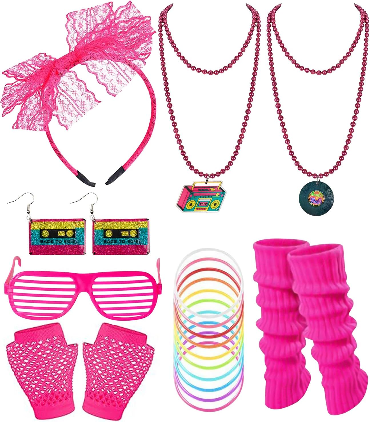 80s Costumes Accessories 17 Pcs Women Party Outfit Set with Headband Earrings Fishnet Gloves Necklaces Leg Warmers