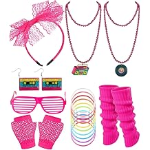 80s Costumes Accessories 17 Pcs Women Party Outfit Set with Headband Earrings Fishnet Gloves Necklaces Leg Warmers