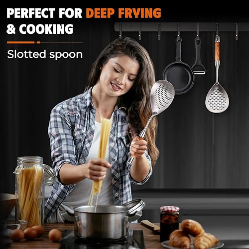 Miniatura 7 de Skimmer - Cuchara ranurada de 14 pulgadas para pasta, colador de araña, cuchara para cocinar y freír, cuchara coladora de cocina con mango de madera