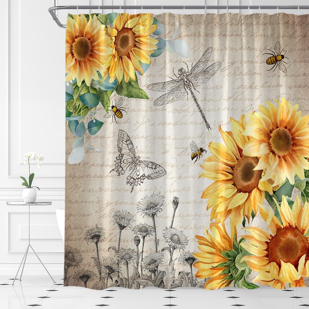Sunflower Shower Curtain Retro Yellow Floral Farmhouse Rustic Wooden Plank Dragonfly Butterfly Fabric Home Bathroom Decor Set with Hook(70" Wx84 H)