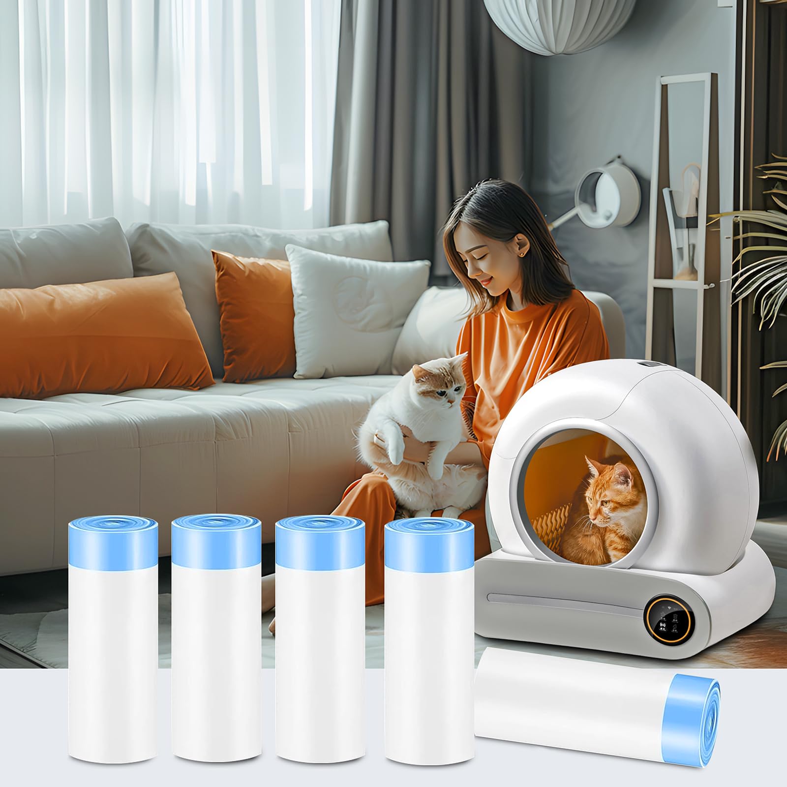 Sacs de Litière pour Chat, Sac Poubelle Litiere Chat avec Cordon de Serrage, Durables, Résistants à Déchirure pour Litiere Chat Autonettoyante 5 Rouleaux 75 Pièces