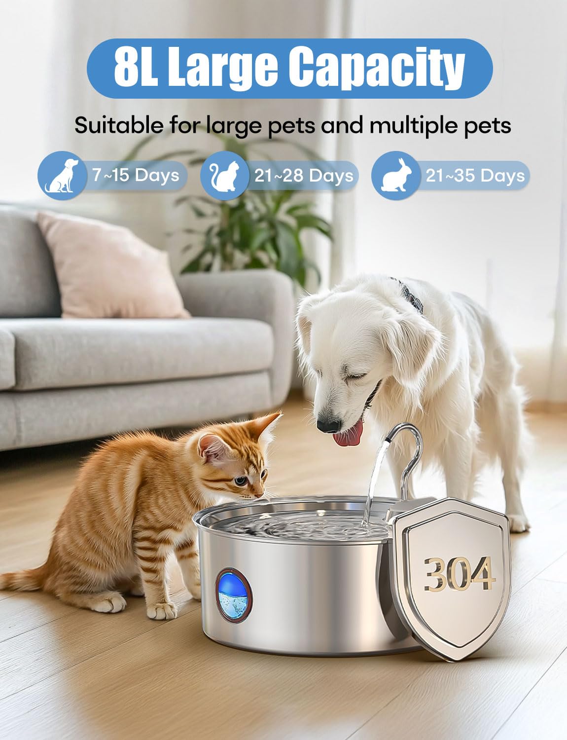 subteenmate Fuente de agua para perros grandes, dispensador automático de fuente de agua para perros de acero inoxidable de 8L/280 onzas, cuenco de agua automático para mascotas con bomba