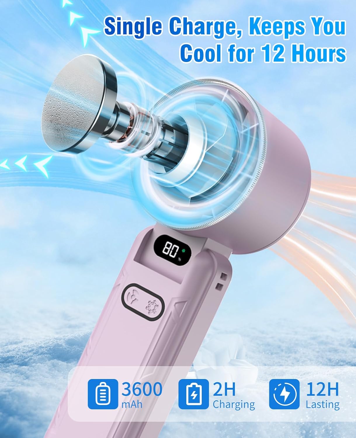 DAORANGE Portable Handheld Turbo Fan, Foldable Mini Fan with Ice Cooler, 5 Speed Wind, 12 Hrs Cooling, 3600mAh Rechargeable, Digital Display, Personal Fans for Travel/Outdoor/Camping, Lavender