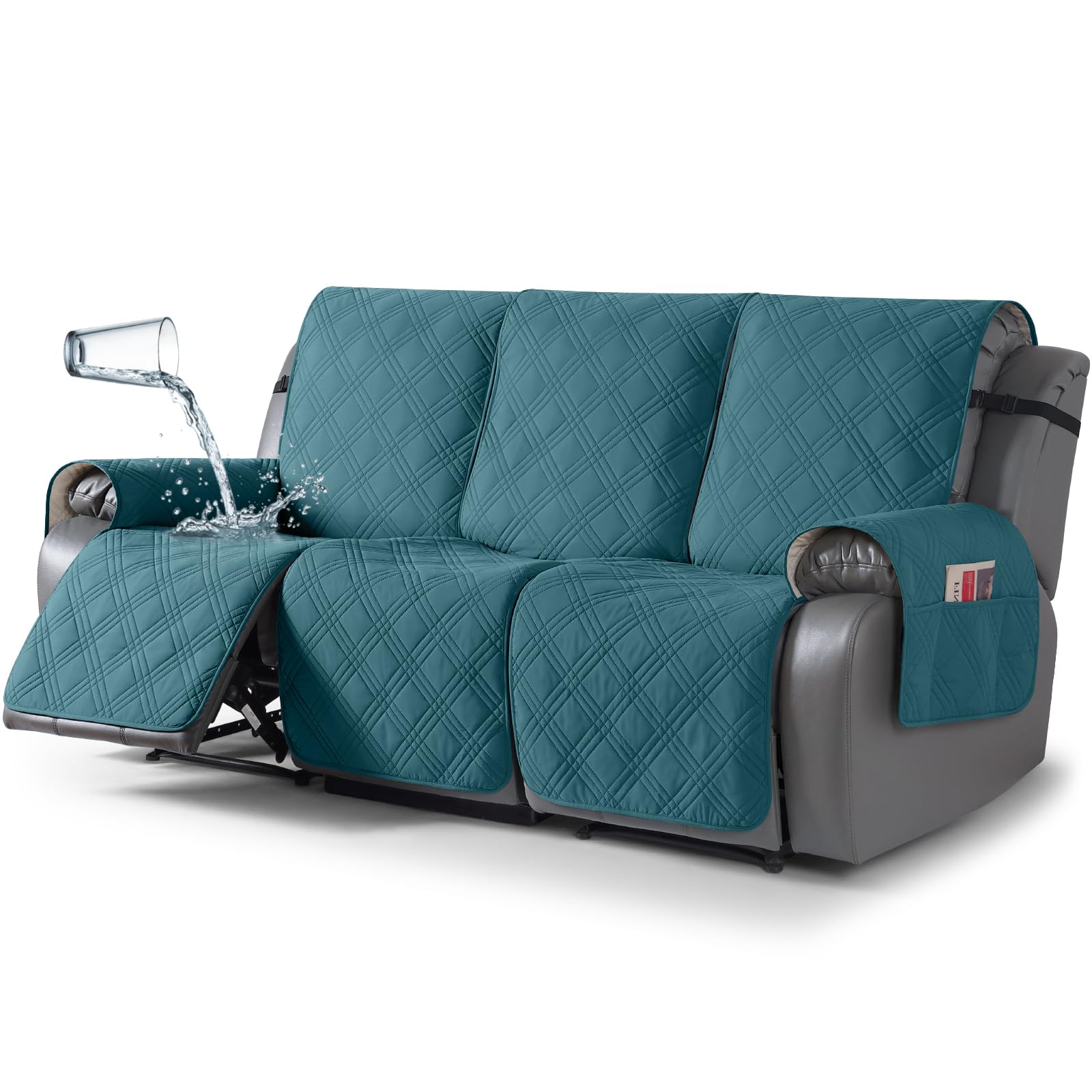 TAOCOCO 100% Waterproof Recliner Sofa Cover, Non Slip Split Couch Covers for Reclining Couches with Straps, Washable Reclining Sofa Cover Furniture Protector for Kids Pets(3 Seater, Peacock Blue)