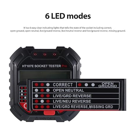 Socket Tester, Digital Circuit Breaker Detector Electric Circuit Polarity Finder Voltage Detector with Bright LCD Display Reference Chart UK, 90-250v, HT107E