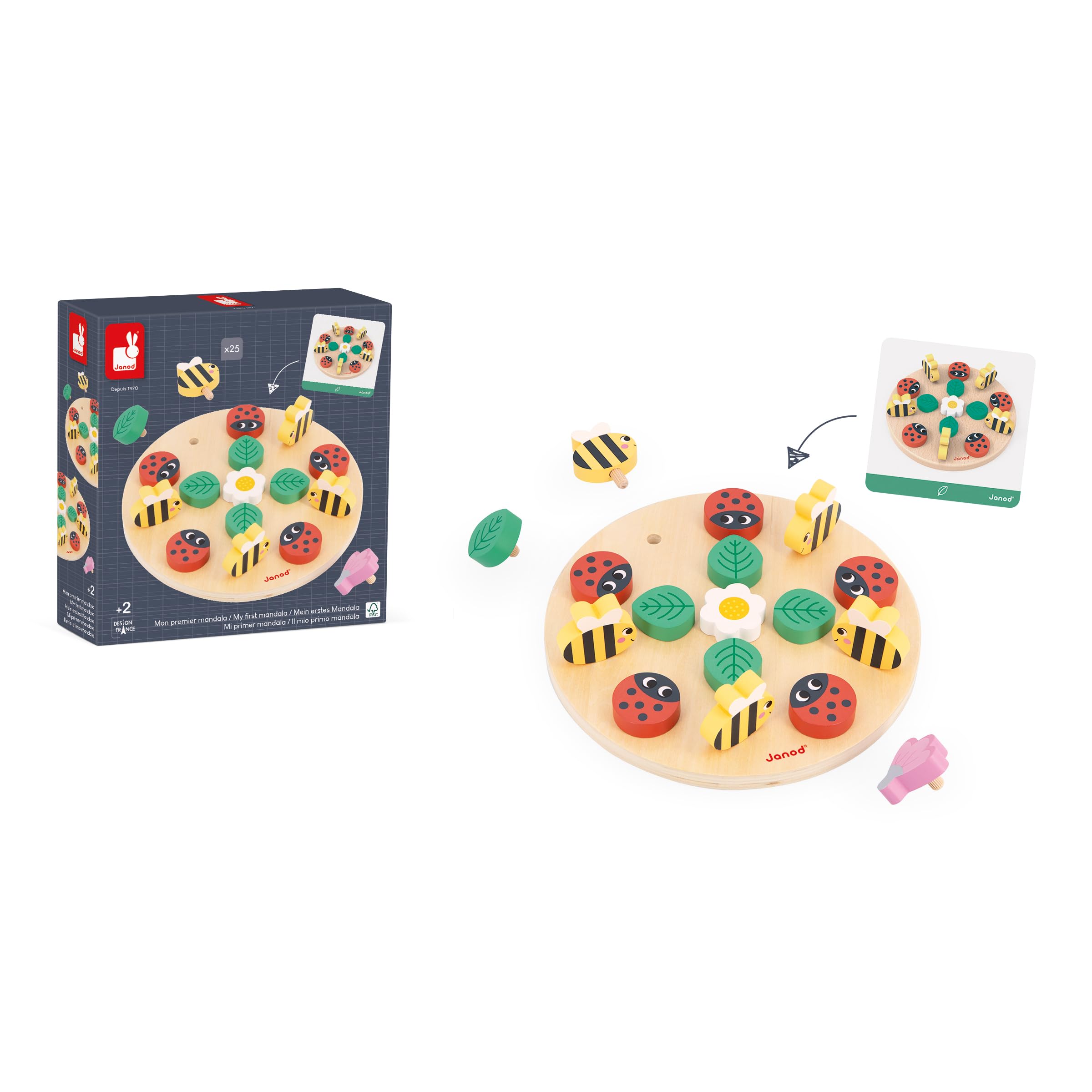 Janod - Gamma Pedagogia - Il Mio Primo Mandala Giardino - Sviluppa Concentrazione e creatività - Gioco Educativo per Bambini - Gioco in Legno FSC - dai 24 Mesi, J05084