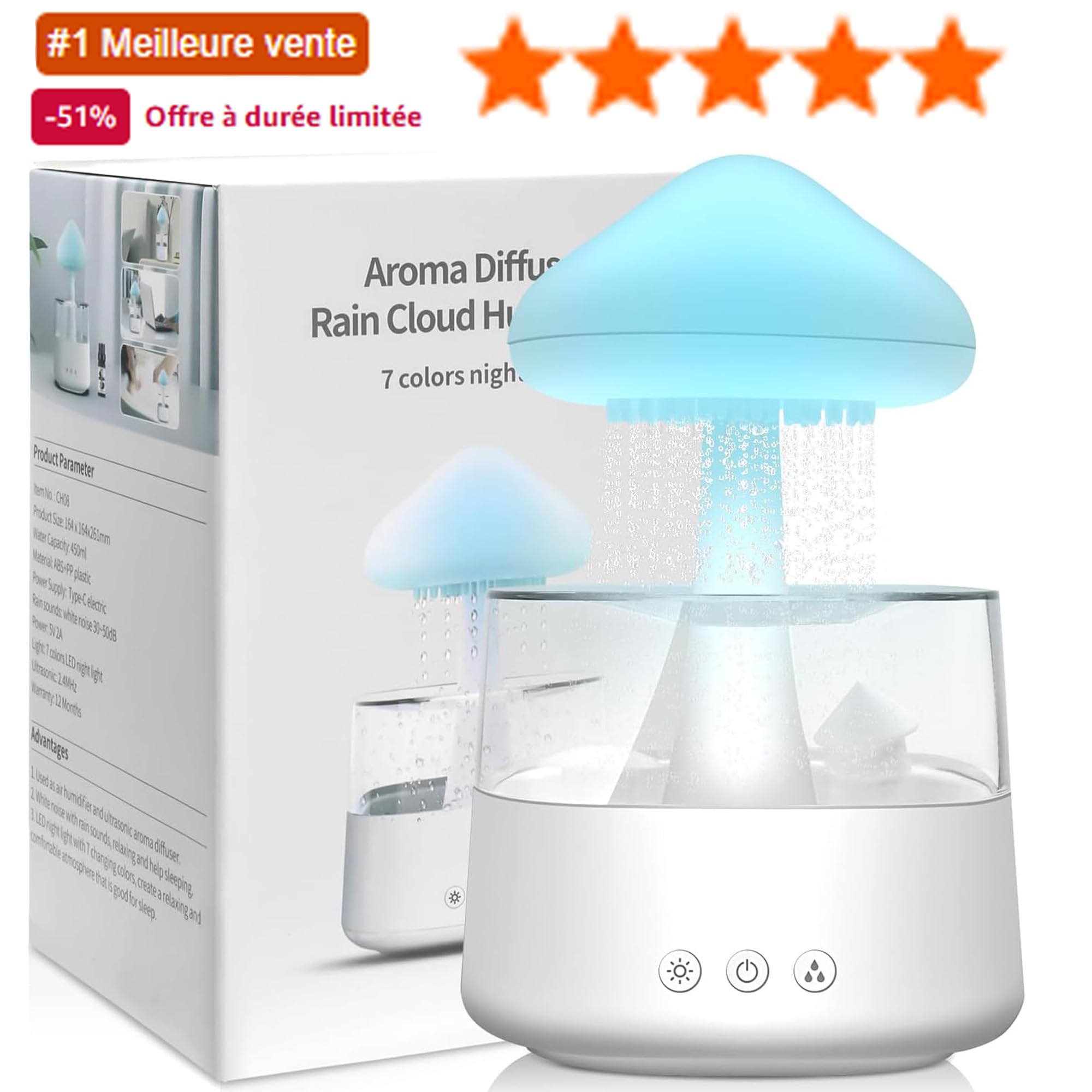 Humidificateur d’Air Effet Pluie 450ml - Diffuseur d’Huiles Essentielles avec Lampe Champignon, Nuage de Pluie, 7 LED Multicolores, Silencieux pour Chambre, Bureau, Maison (Blanc)