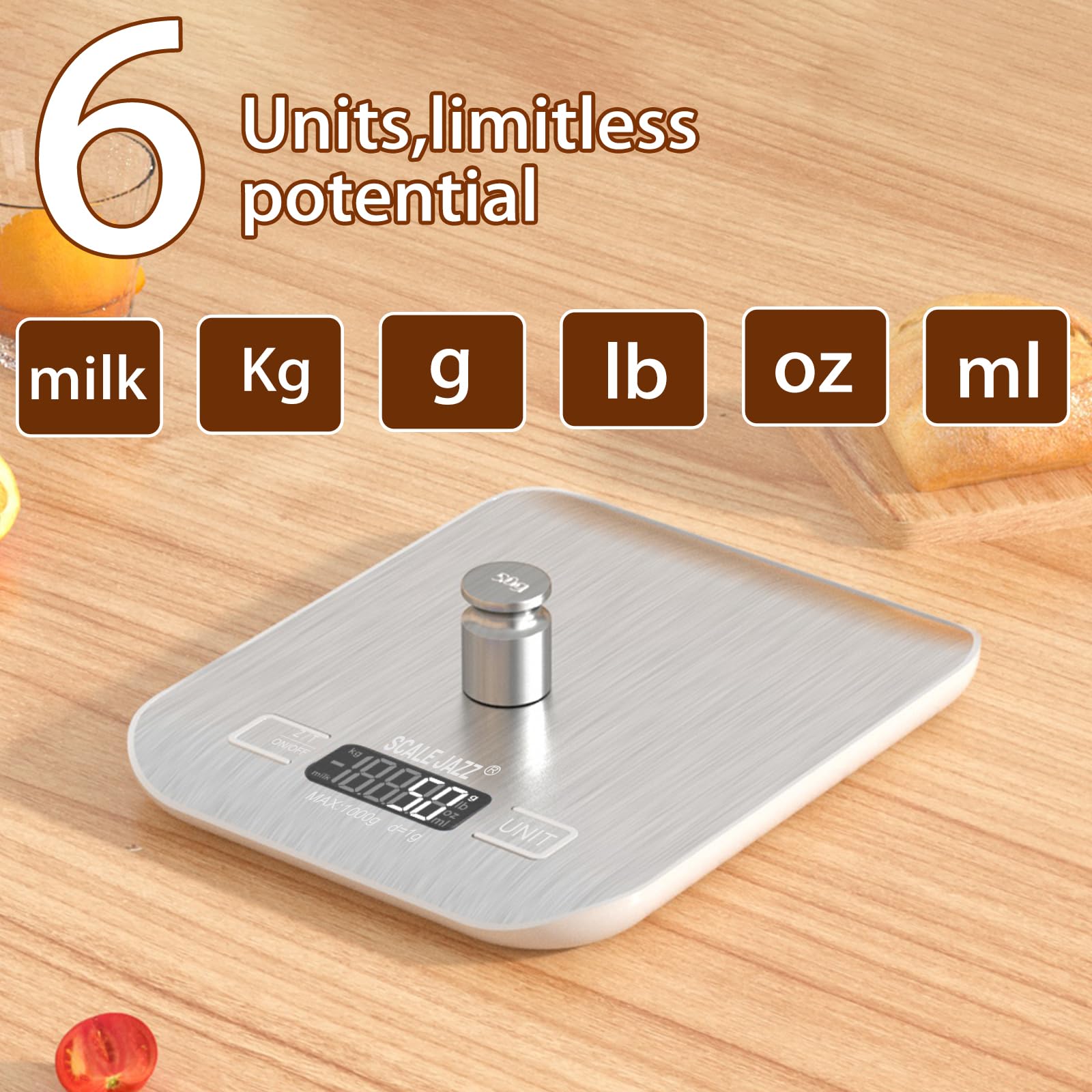 Mini Digital Scale 10kg/22lb, Kitchen Scale, Food Scale, Coffee Scale, 6Units, Auto Off, Tare, Stainless Steel, complimentary Battery, Easy to Store