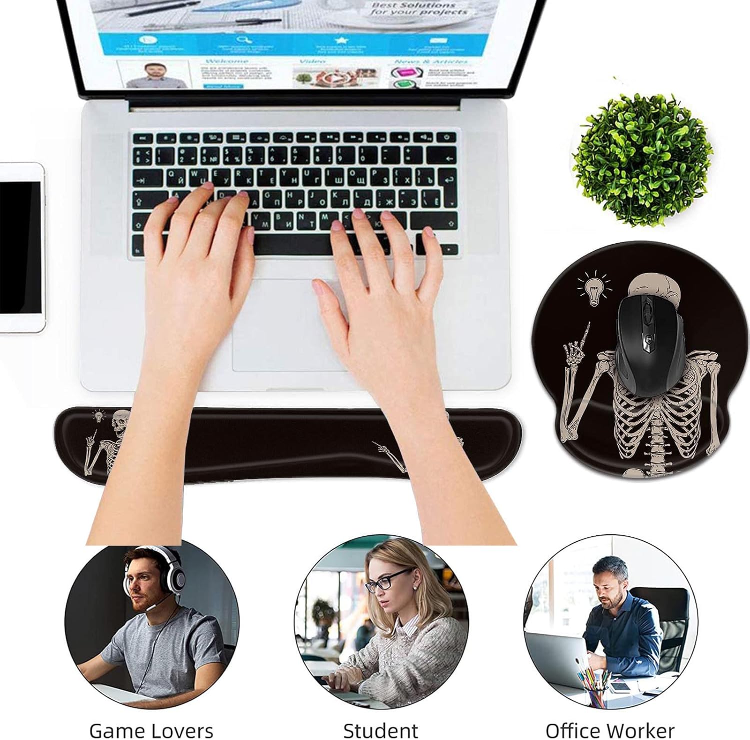 Keyboard Wrist Rest and Mouse Pad Wrist Support Set,Ergonomic Memory Foam Wrist Pad & Non Slip Base for Home Office Working Studying Easy Typing,Pain Relief,Skull Skeleton Black Background