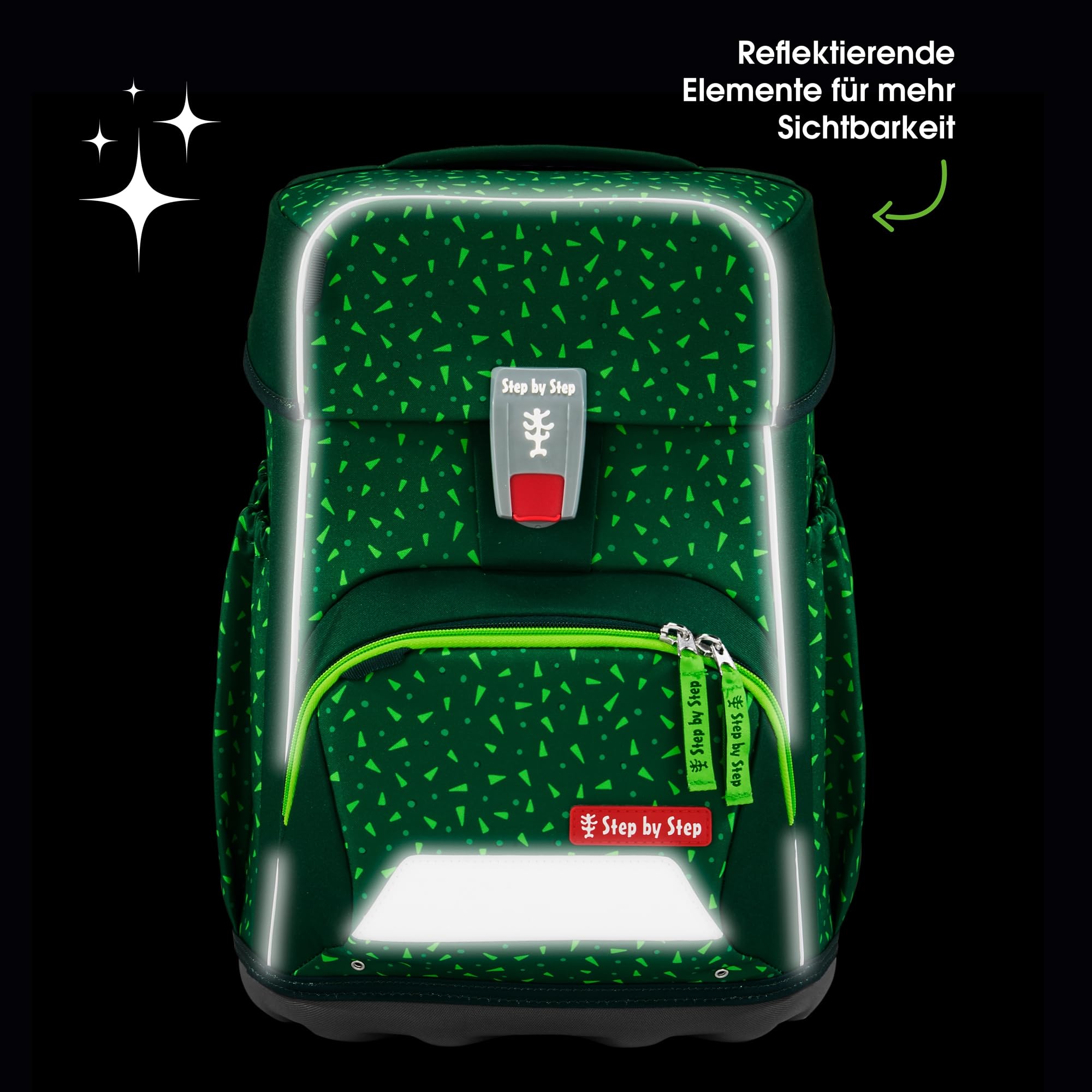 Step by Step Basis Schulranzen-Set „Green Graphics“, 4-teilig, grün, ergonomischer Tornister mit Reflektoren, Hüft- und Brustgurt, für Kinder ab der 1. Klasse, 20 Liter