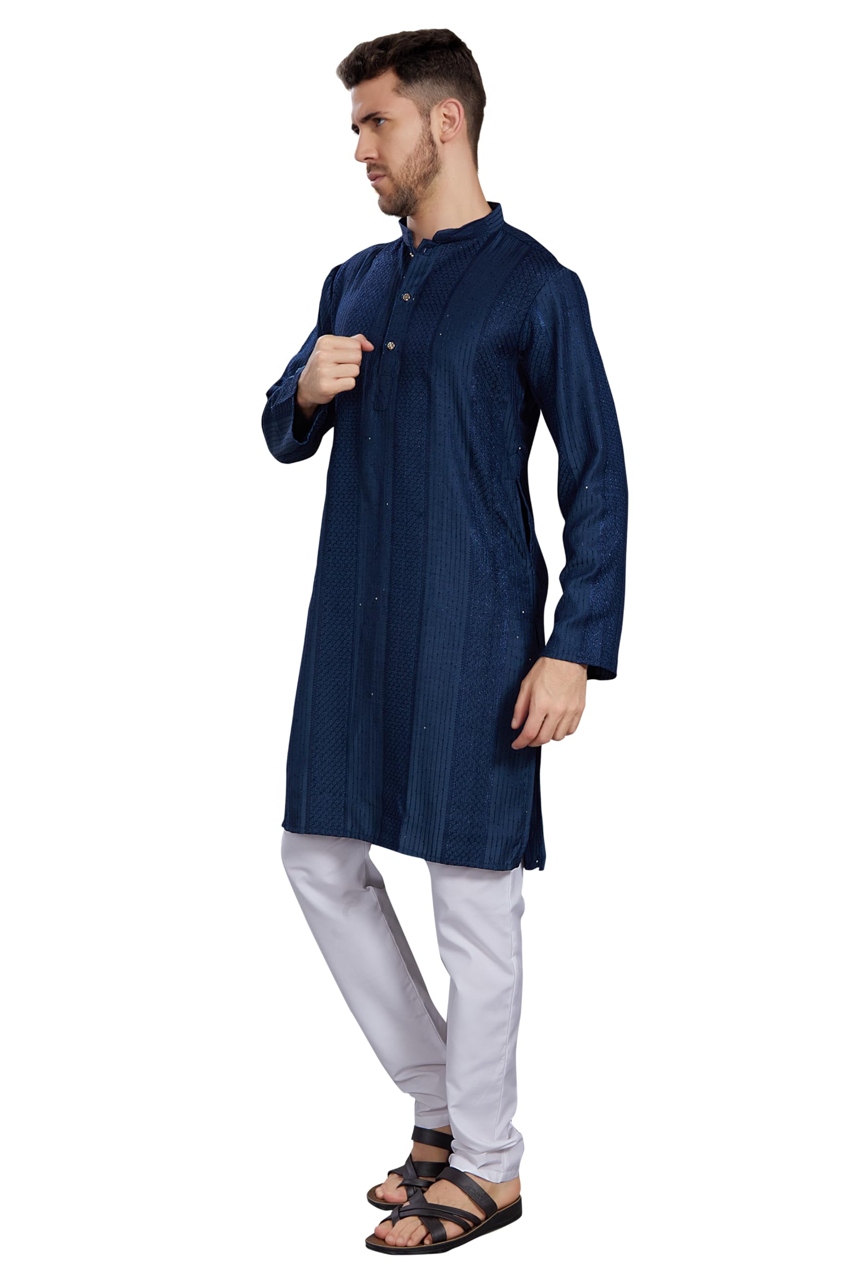 Divisive Men's Thread Embroidered Cotton Blend Only Slim Fit Kurta (Dkrt778_Xl_Navy)