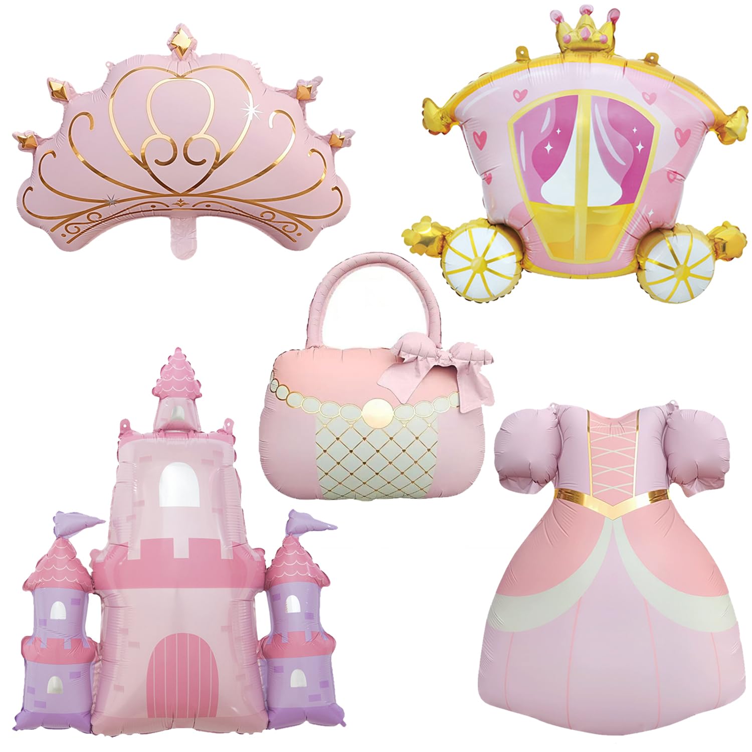 5 Pack Princess Balloons Set, Pink Princess Castle, Carriage, Crown, Dress & Handbag Foil Balloons for Girls Birthday, Princess Theme Party Decorations