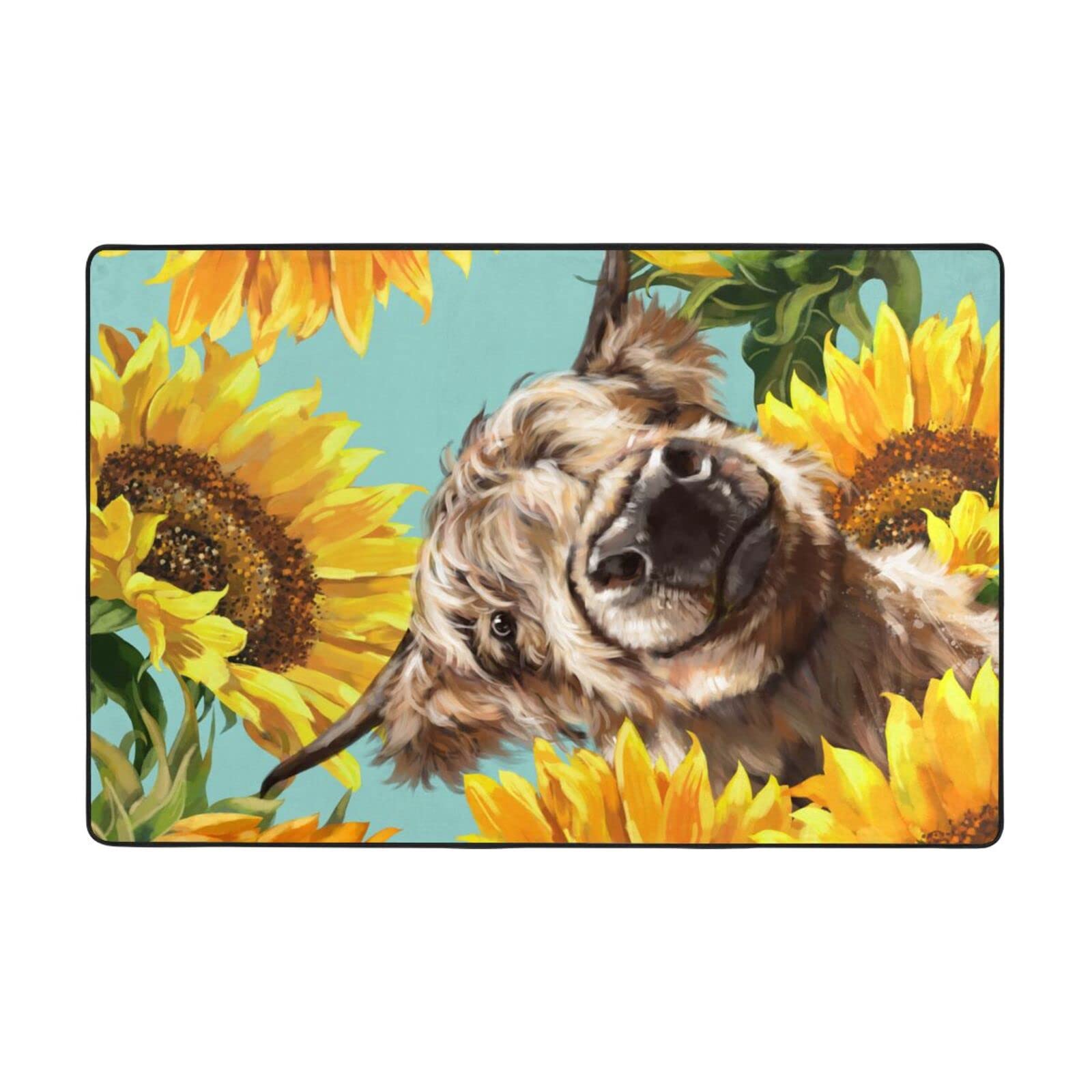 Tapis en flanelle PEIXEN bleu motif vache et tournesols pour chambre