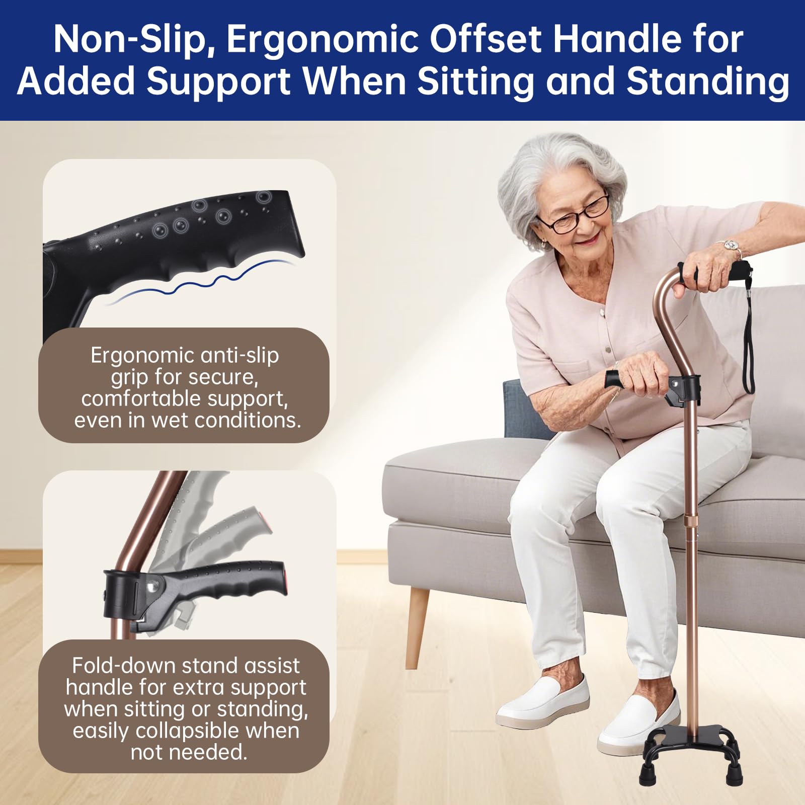 Quad Walking Cane Verstellbarer Herren & Damen, Faltbarer Gehstock für Senioren, Leicht & Stabil mit 4-Zinken-Basis für Extra Stabilität, Krücke mit Schaumstoff Gepolstert