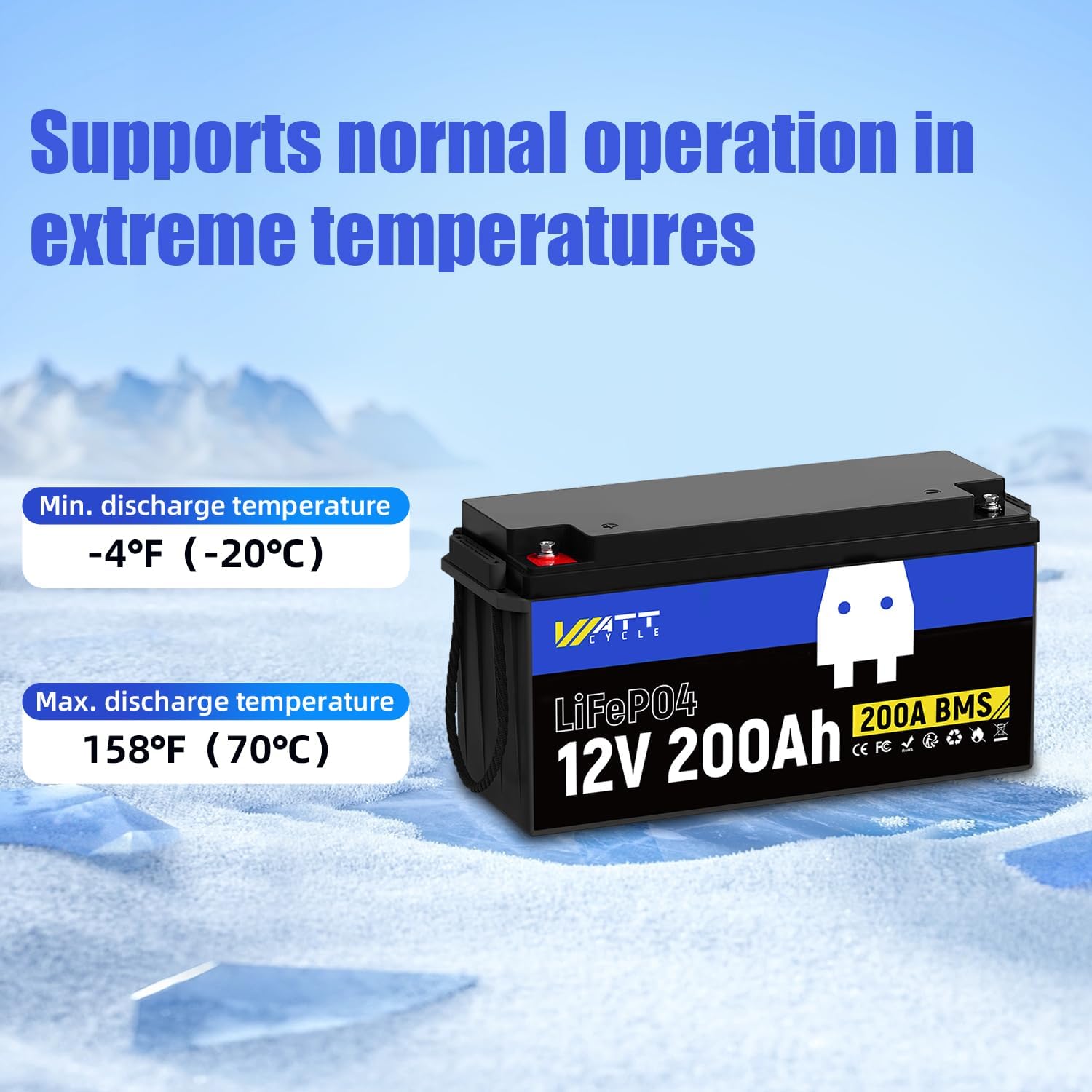 WattCycle 12V 200Ah Mini LiFePO4 Battery with 12Volt 40A Charger, Lithium 200ah Deep Cycle Marine Trolling Motor Battery IP67, BMS 200A, A+ Cells, Low-Temperature Protection