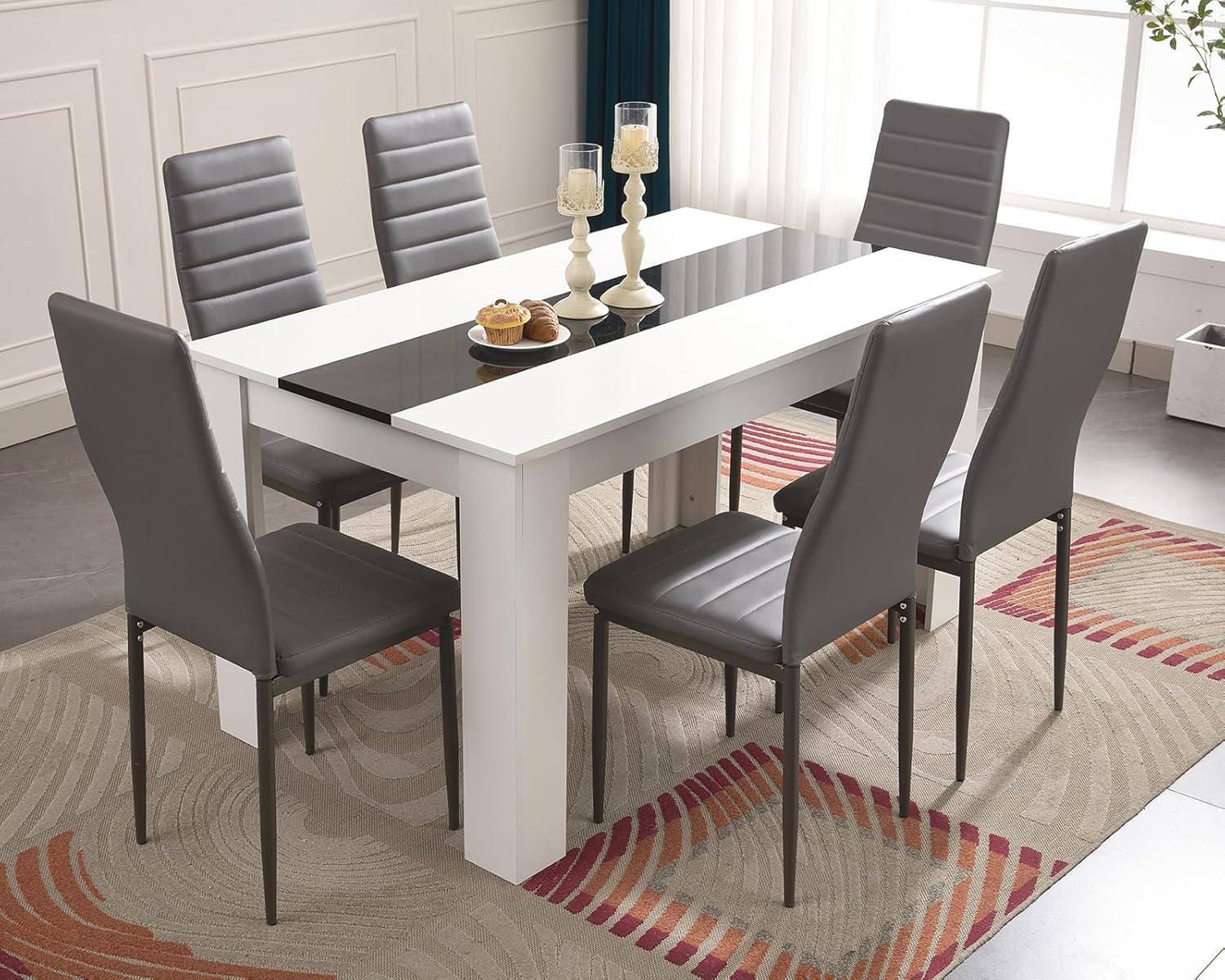 Dining Table and Chairs Set 6, Pu Leather Dining Room Chairs and 18mm Thick Table Top 140 x 80 cm Long Wooden Dining Table Set For Home Kitchen Furniture — view 2