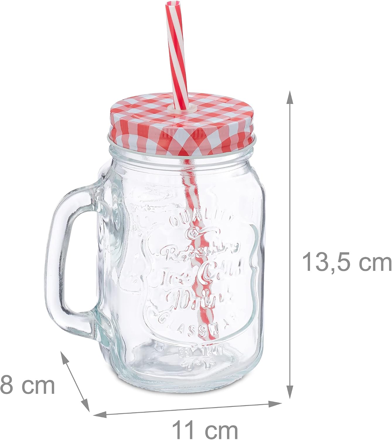 Relaxdays Drinking Glasses with Lid and Straw, Set of 10 Lemonade Glasses, 500 ml, Retro Summer Glasses with Handle, Colourful