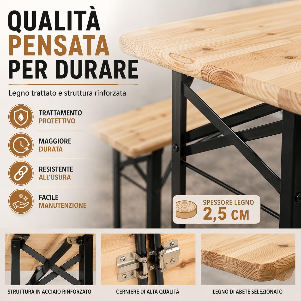 IlGruppone Set Birreria XXL 220x70 cm 10 Posti – Tavolo Pieghevole con 2 Panche in Legno di Abete e Acciaio Rinforzato – Set 3 Pezzi Richiudibile e Salvaspazio per Feste, Sagre, Giardino e Outdoor