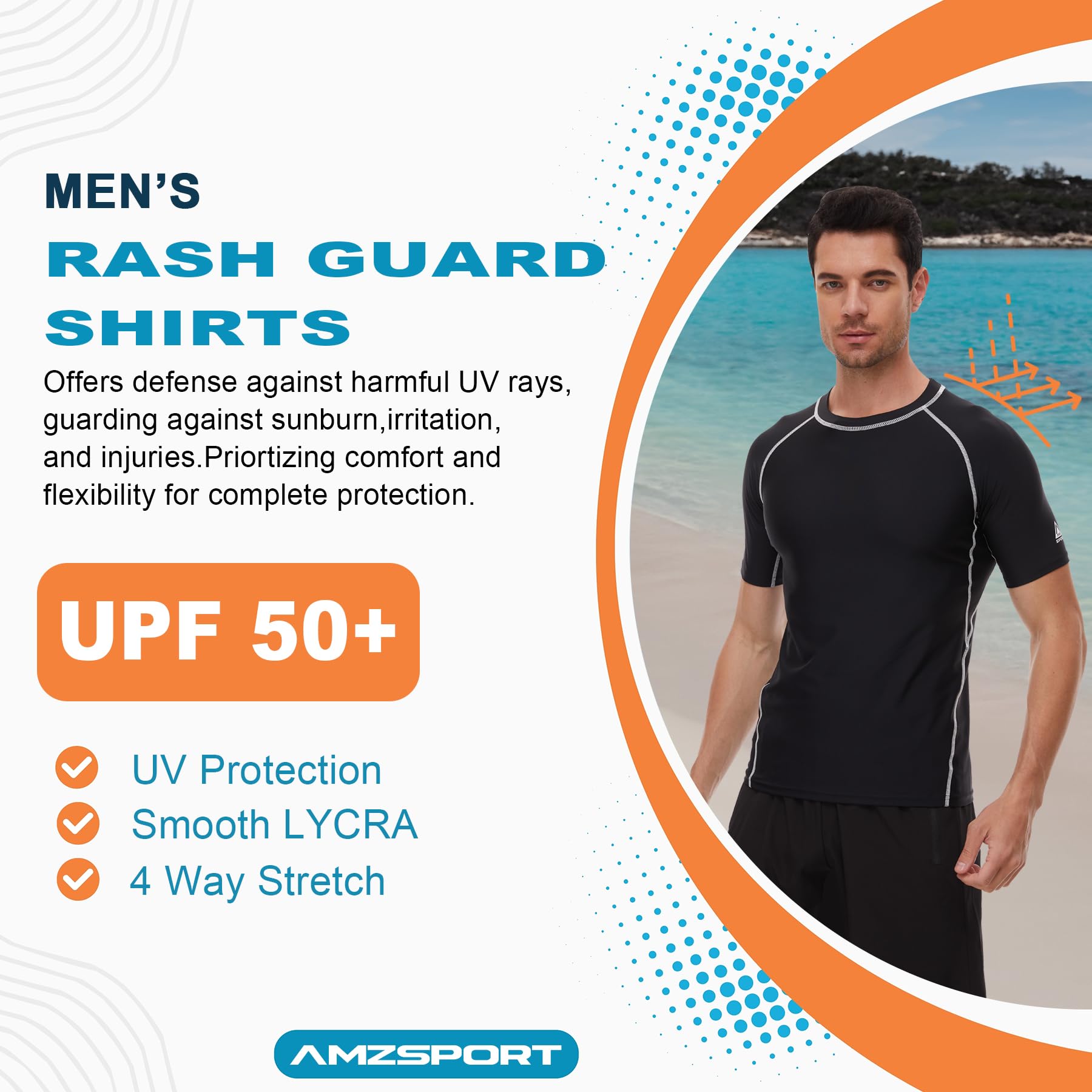 AMZSPORT Maglietta Rash Guard da Uomo, Protezione UV UPF 50+, T-Shirt a Manica Corta, Gilet di Protezione Solare ad Asciugatura Rapida per Nuoto, Surf, Pesca, Corsa