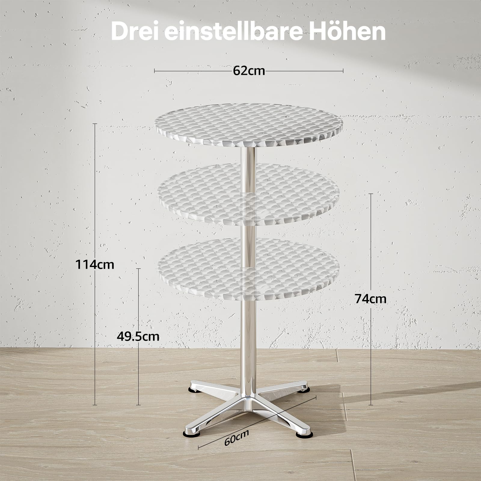 3-in-1 Stehtisch,Bistrotisch-klappbarer Barkeeper Tisch-60 cm Durchmesser-3 Höhen: 49,5cm/74cm/114cm-Edelstahl für zu Hause,Garten,Restaurant-Outdoor-Stehtisch,Bar Table,Party-Tisch-Silber