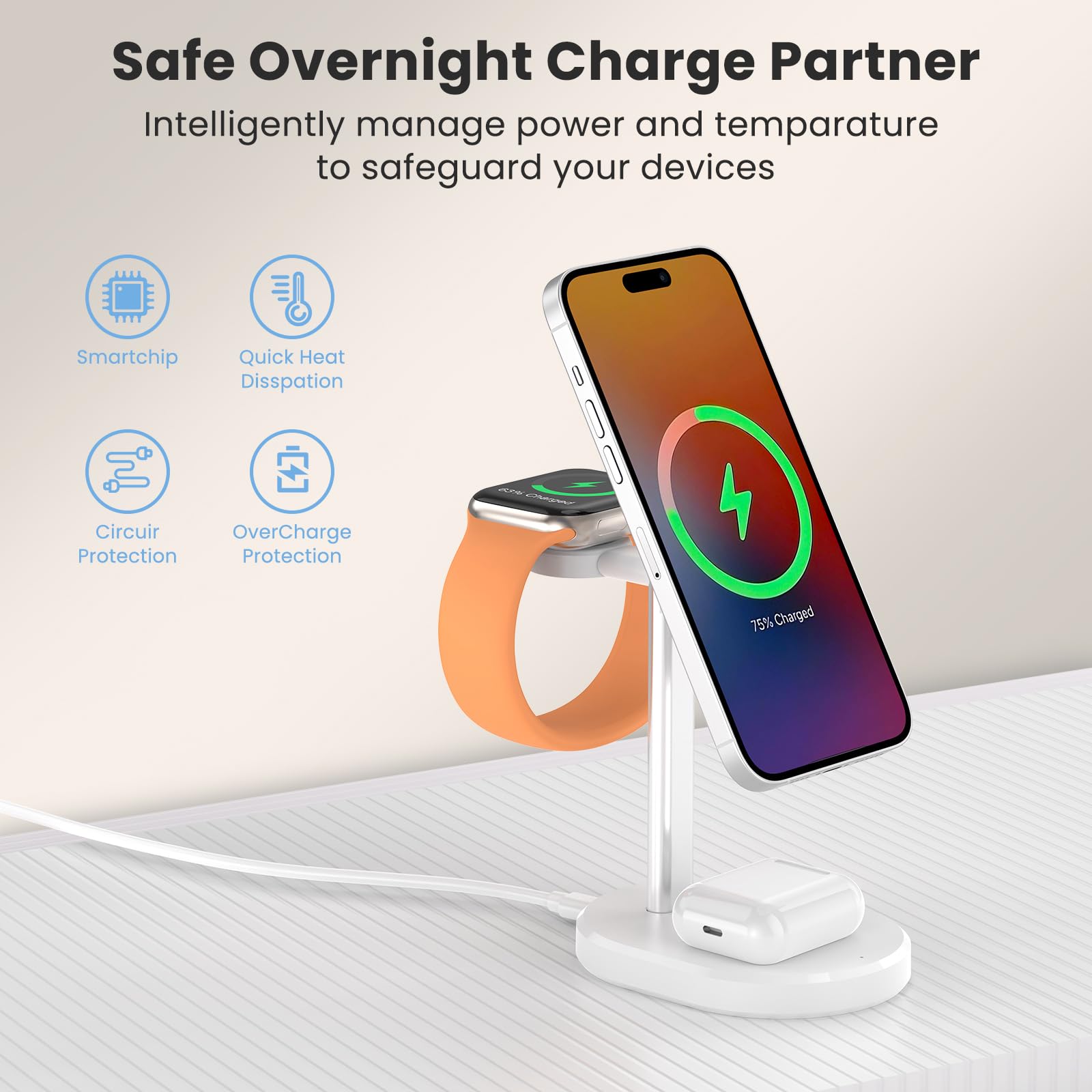 Station de charge sans fil 3 en 1, chargeur amovible pour Apple Watch et support de chargeur 15 W pour MagSafe pour iPhone, chargeur sans fil pour plusieurs appareils iPhone 16/15/14/13, montre et
