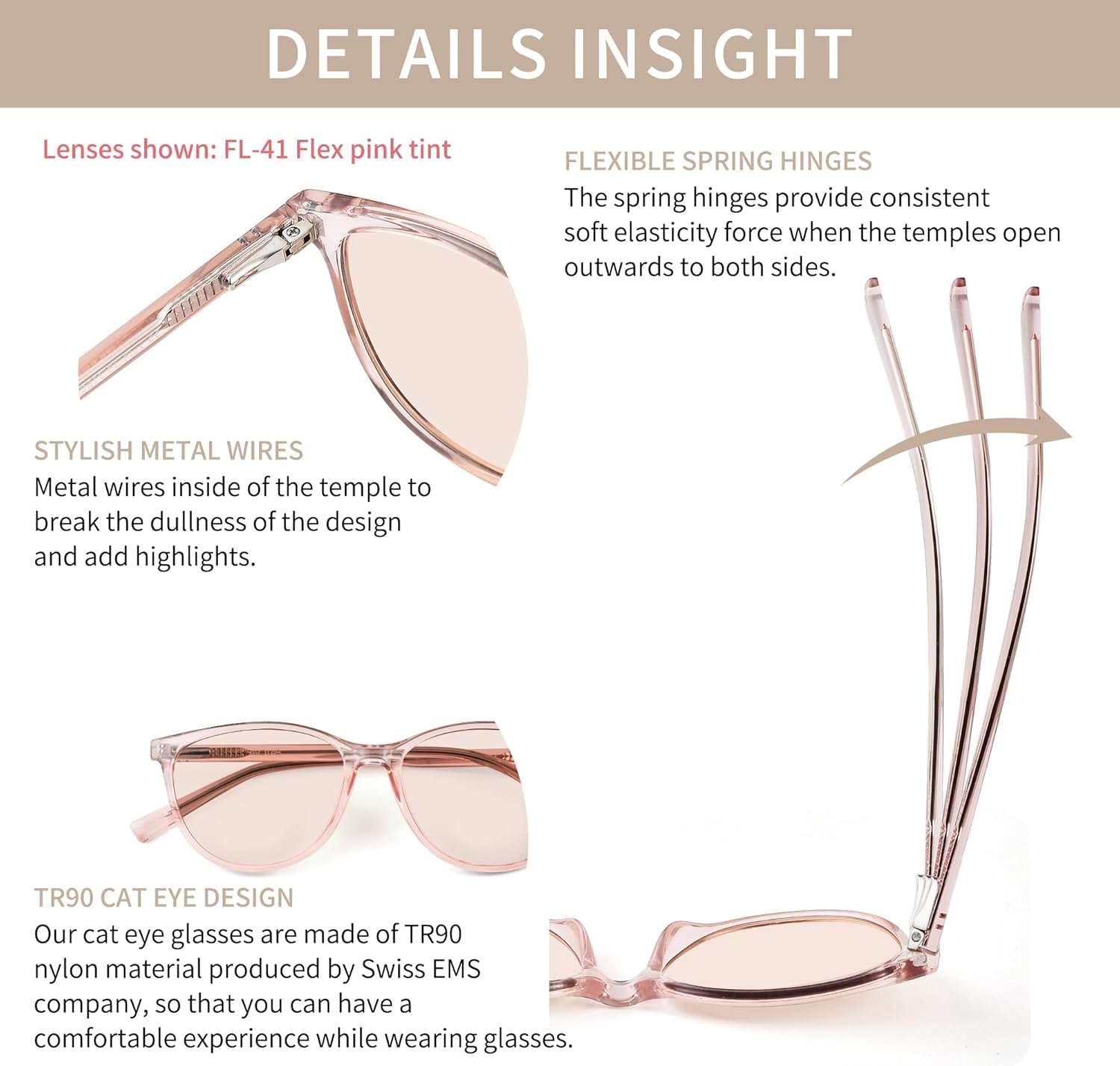 Indoor FL-Flex Fluorescent-41 Light Pink Tinted Blue Light Blocking Glasses Cat Eye Migraine Light Sensitivity Glasses Photophobia Fluorescent LED Glare Women AB3311(Pink Frame Light Rose Lens)