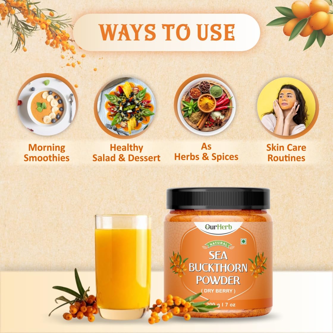 Sea Buckthorn Berry Powder - 200 grams - Pure Sea Buckthorn Powder - Natural Source of Vitamins, Omega-3,6,7,9 & Anti Oxidants — Amazon image 4