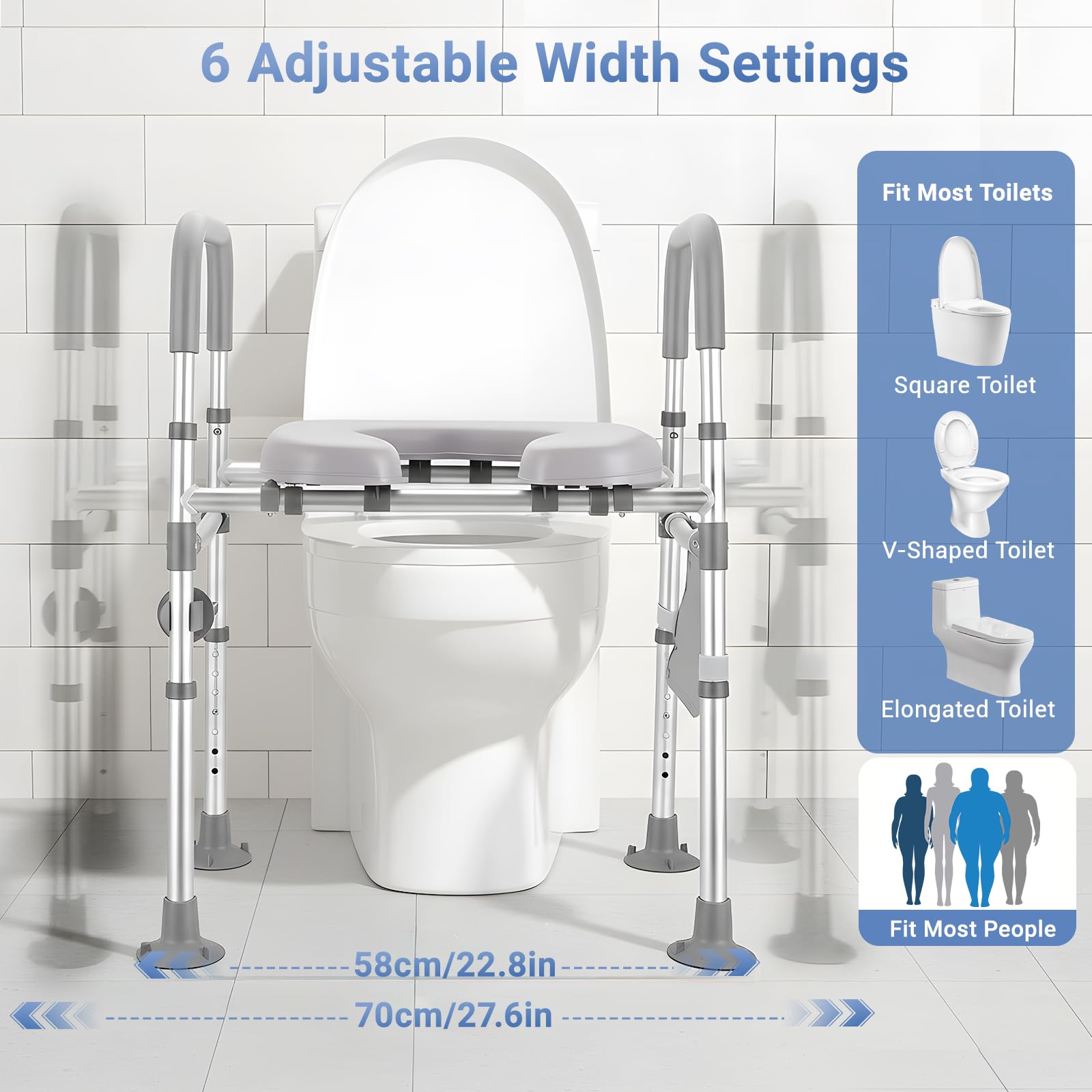 Rialzo WC per Anziani, Alzata per WC con Altezza e Larghezza Regolabili, Alza Water x Anziani con Braccioli per Anziani, Seduta Imbottita e Telaio in Alluminio, Adatto a Qualsiasi WC, Portata 150 kg