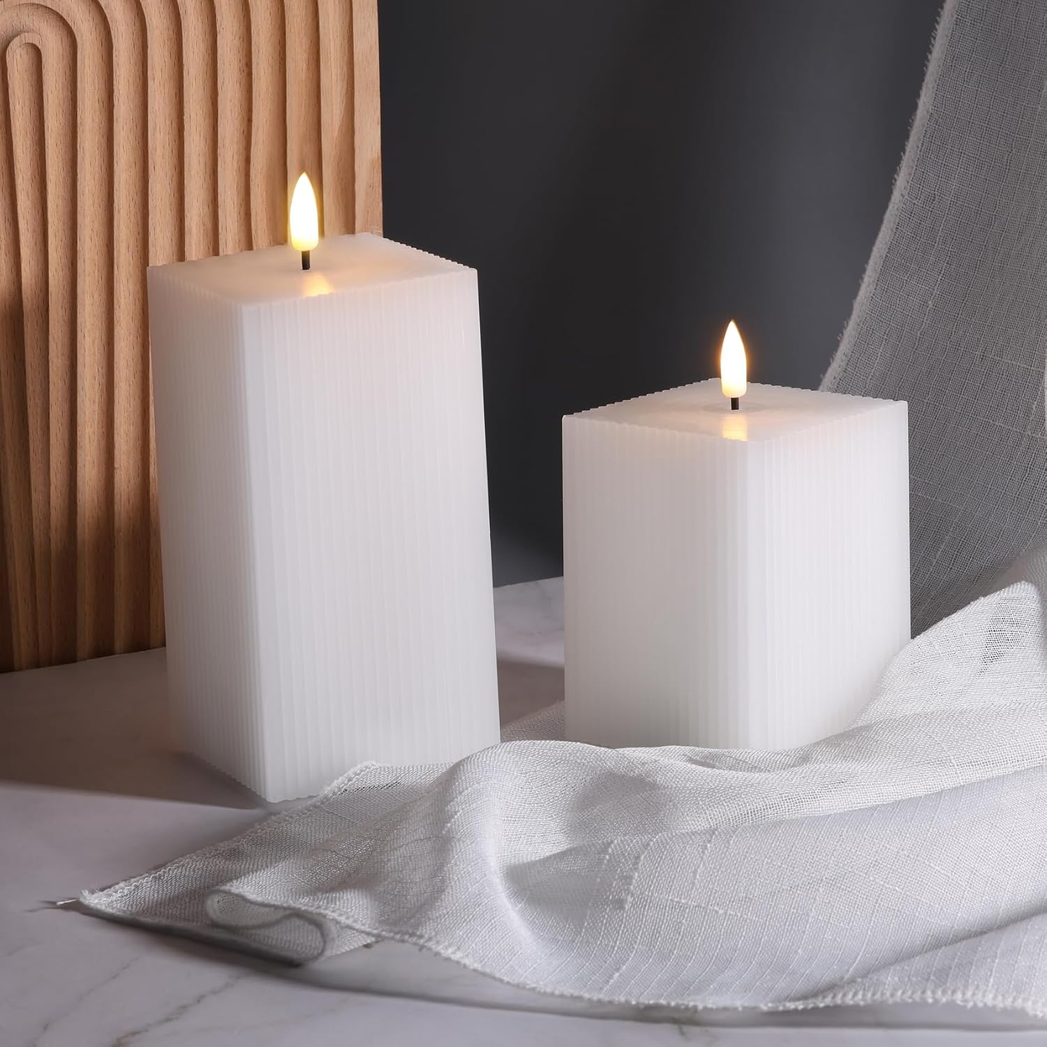 White Ribbed Flameless Candles with Remote, Battery LED Square Candles Set of 2, Flickering Real Wax Home Decor