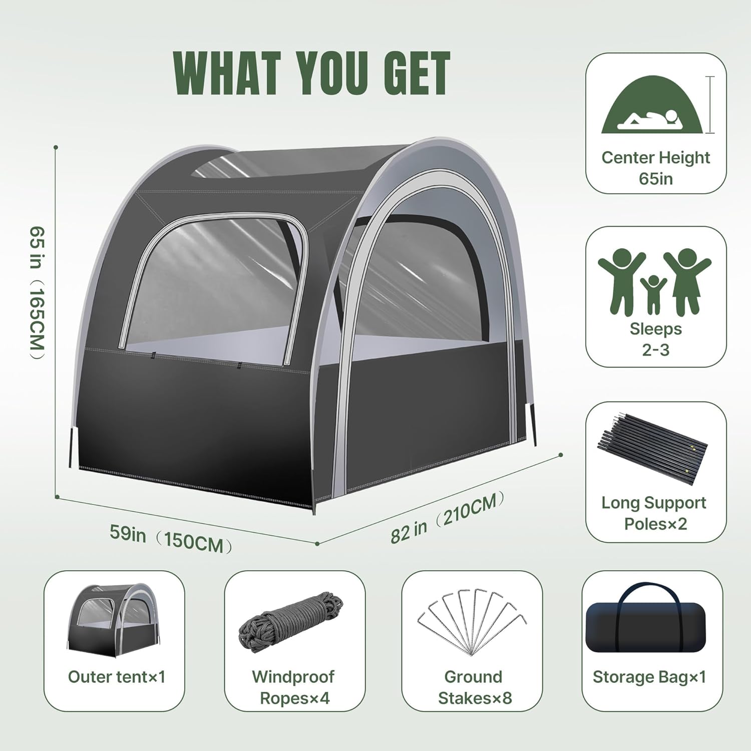 Camping & Sports Tent, 82x59x65 in, 3-4 Person PVC Tunnel Tent, Weatherproof Sunshade, No Condensation, Spacious Interior, Ultra Visibility for Sports Events Camping Fishing Cheering