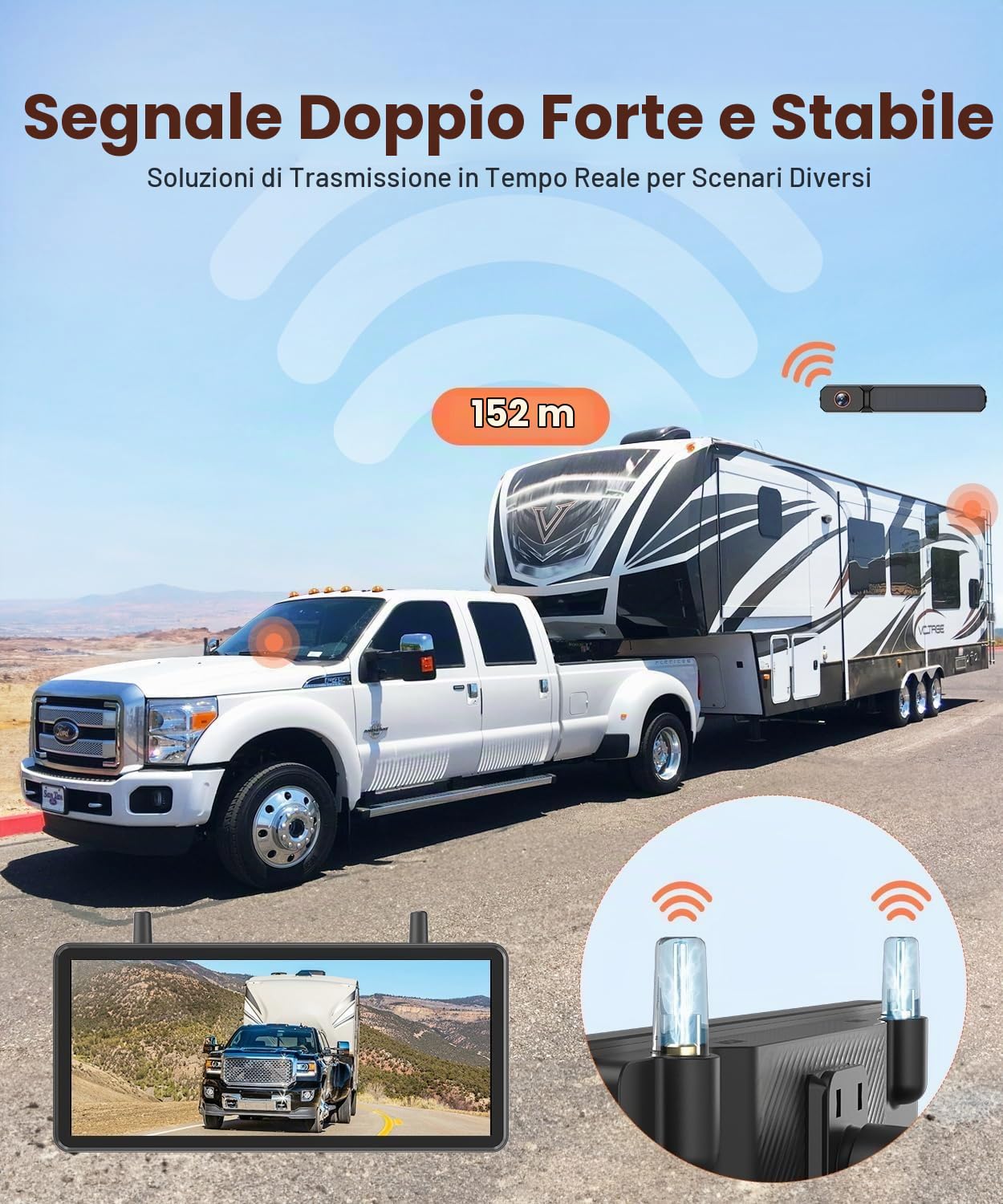 AUTO-VOX 7,2" DVR Telecamera posteriore wireless solare, installazione in 2 minuti, alimentazione a batteria 1080P, supporta 2 telecamere, impermeabile IP69K per auto/camper/furgoni/camion/rimorchi