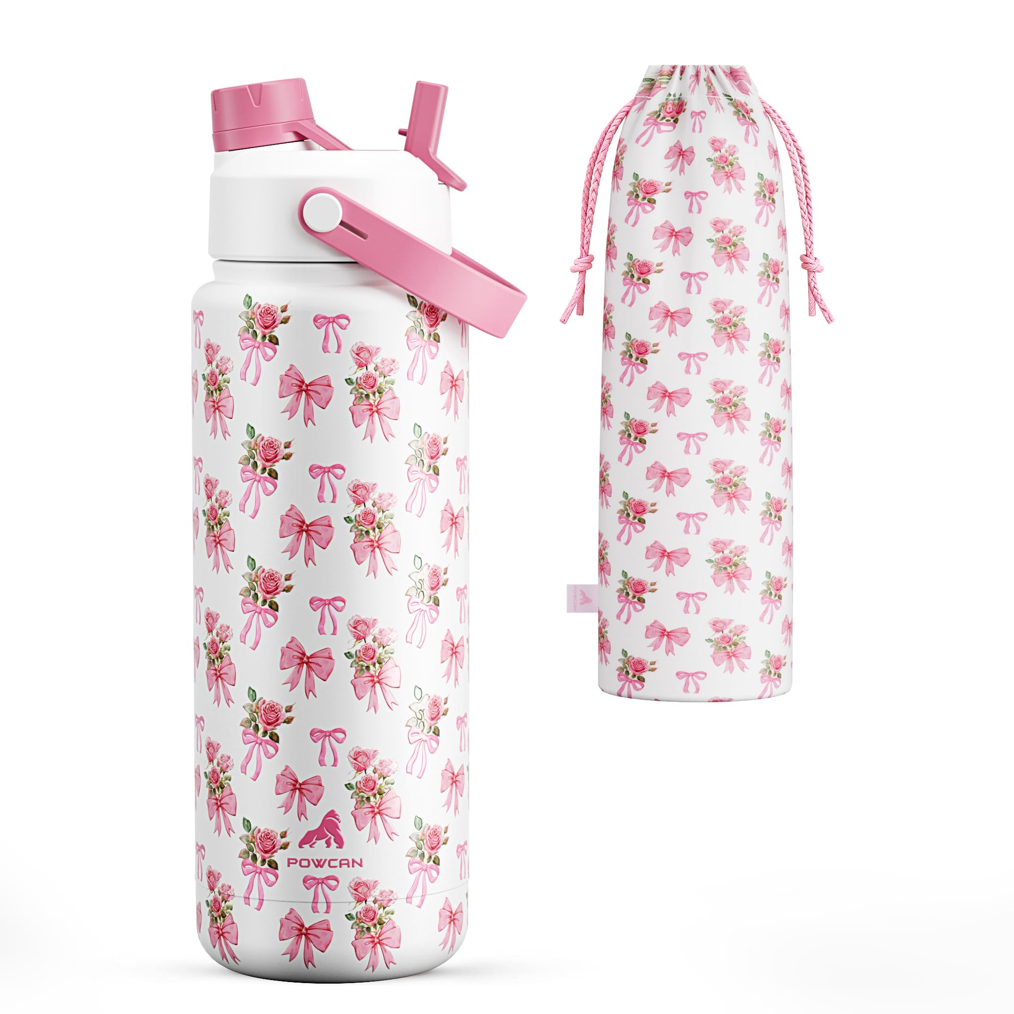 POWCAN 32 oz Insulated Water Bottle with 2-in-1 Straw and Spout Lid, Keep Cold 24H, Leak-Proof, BPA-Free, Double Wall Stainless Steel Water Bottle for Sports, Gym, Travel, Gift, Home (Rosy Bouquet)