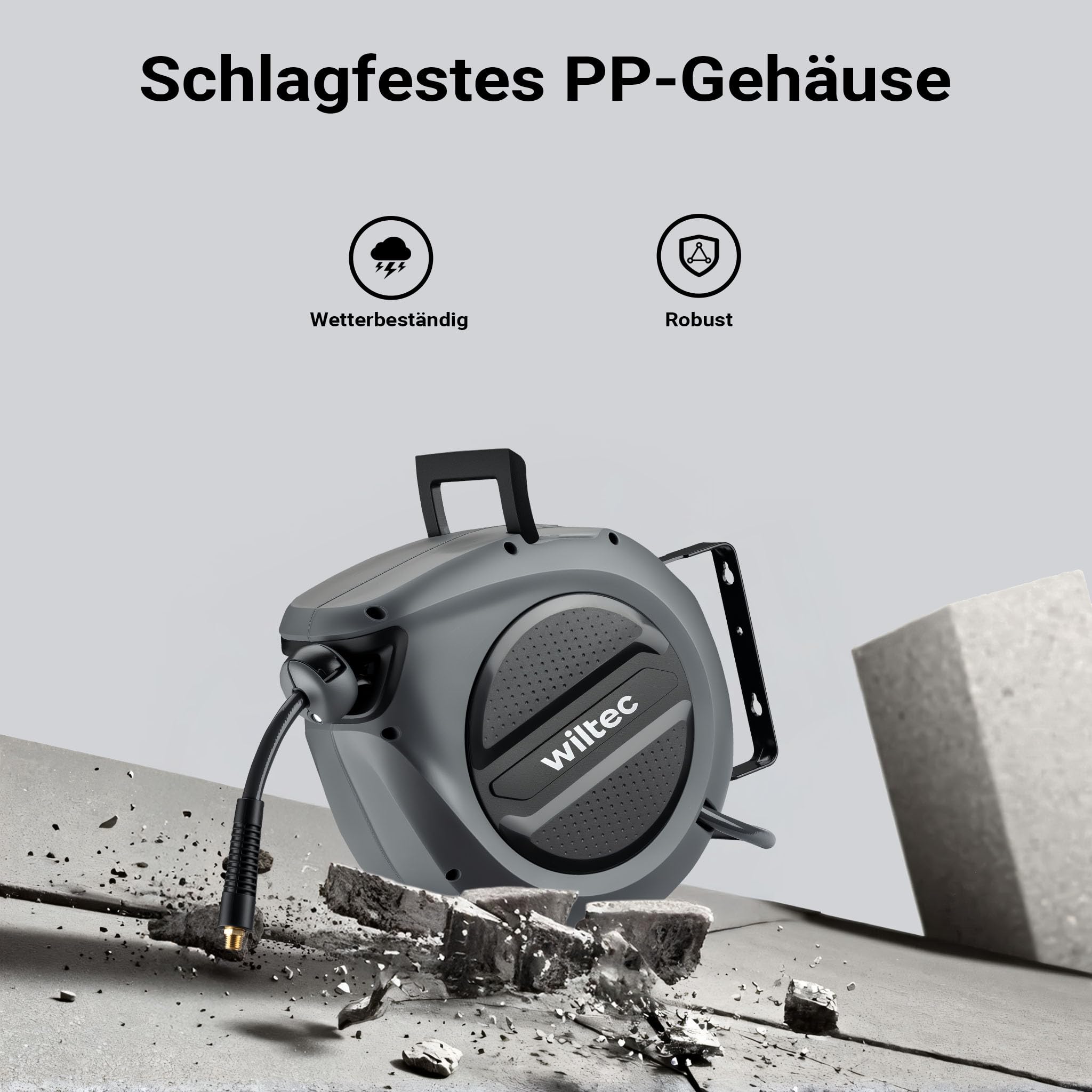 Wiltec Druckluft Schlauchtrommel 15 m, automatische Druckluftschlauchtrommel Stahl, 17 bar Drucklufttrommel, Schlauchaufroller mit 180° Halterung