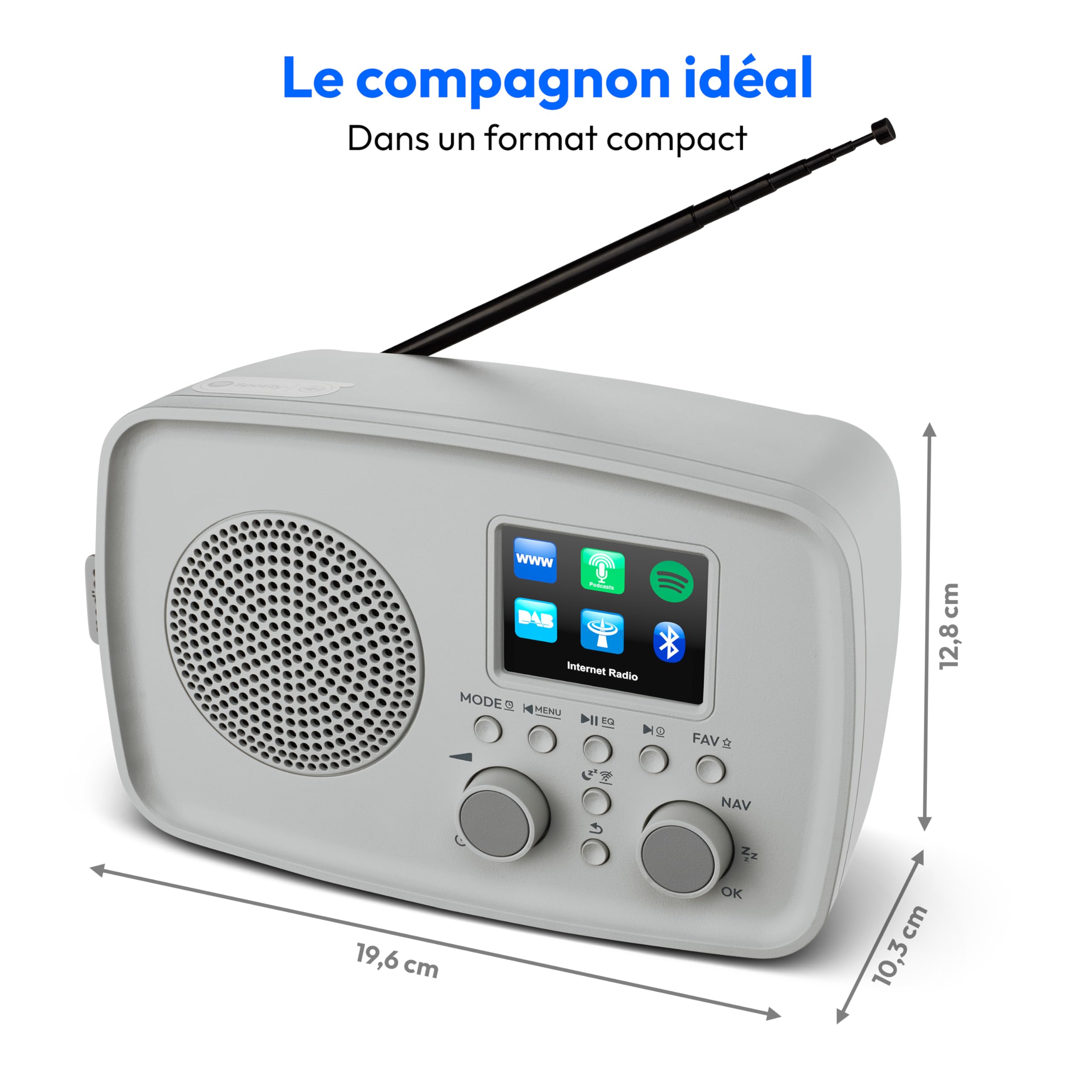 MEDION Radio Internet avec Dab+ IRE-1 (Dab+, Wi-FI, FM, Bluetooth, étanche, antenne télescopique, Spotify Connect, réveil, minuterie, dimmer) Gris