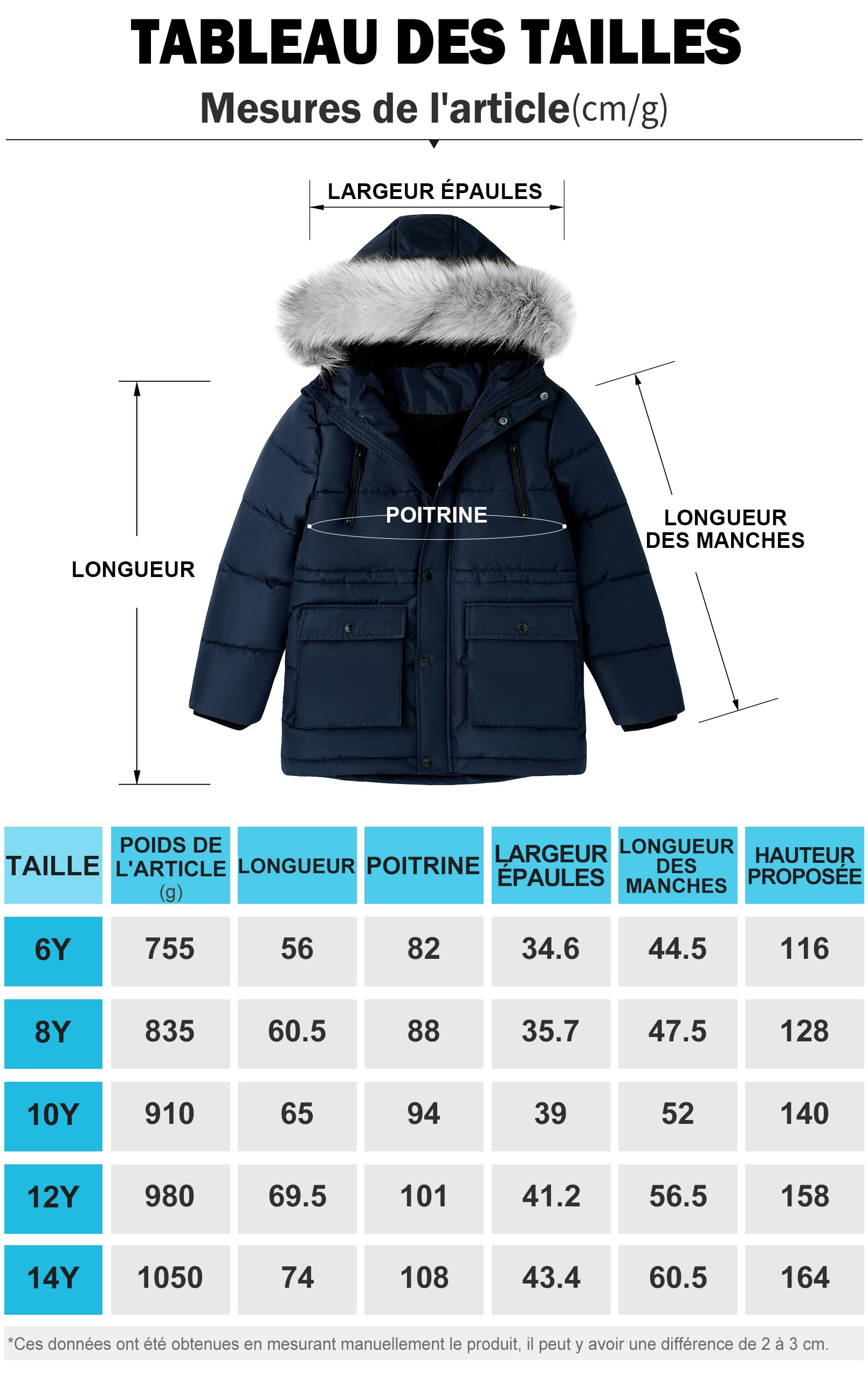 maoo garden Manteau d'hiver pour Garçons Big Kids Veste à Capuche en Fourrure Doublée Sherpa Épaisse Parka de Neige Résistante à l'eau
