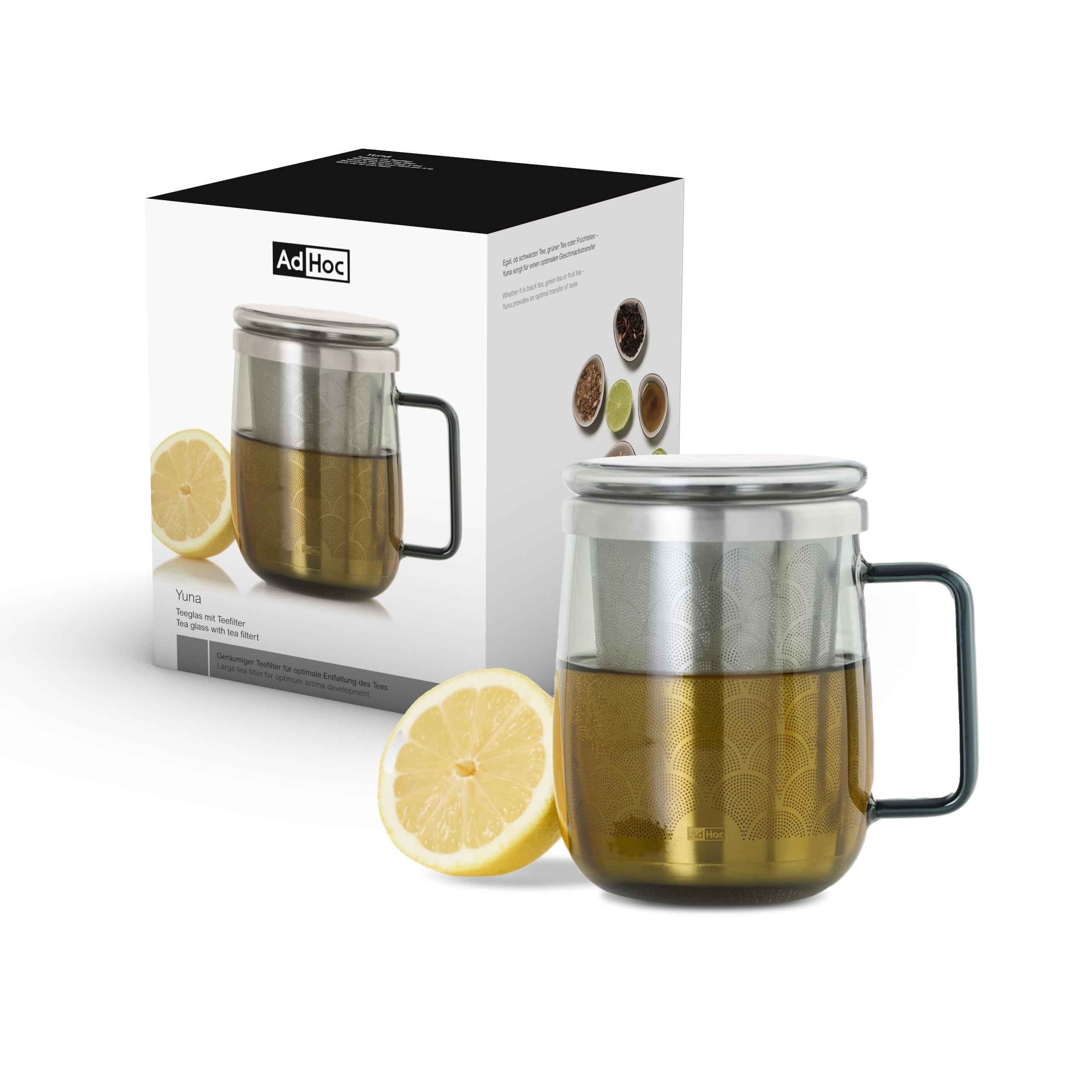 Adhoc Stainless Steel Yuna Tea Glass With Infuser/Filter, Loose Leaf Tea Strainer With Cup/Mug, 560Ml, Heat Resistant Borosilicate Glass, Lid Included, Dishwasher Safe