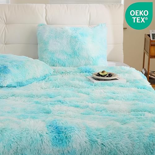 Miniatura 6 de Syalife Juego de ropa de cama de felpa esponjosa, juego de edredón suave y lanudo tamaño Queen, juego de funda de edredón de pelo sintético teñido