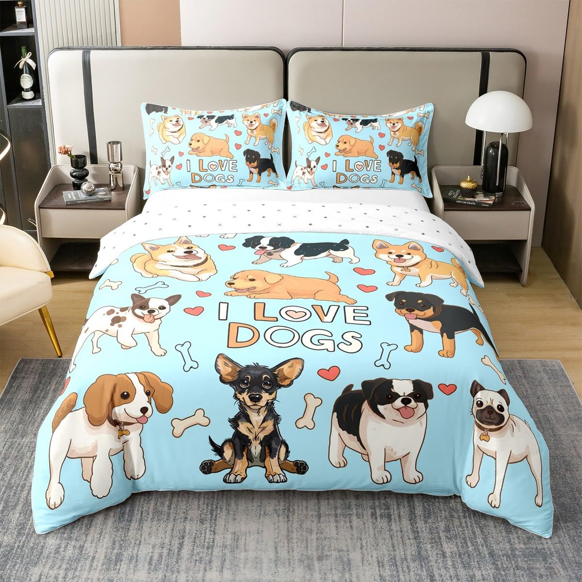 Homemissing Sausage Dog Duvet Cover 100% Cotton Dachshund Bedding Set for Kids Boys Girls Room Decor Puppy Dog Comforter Cover Set Kawaii Animals Bedspread Cover 3Pcs Blue King
