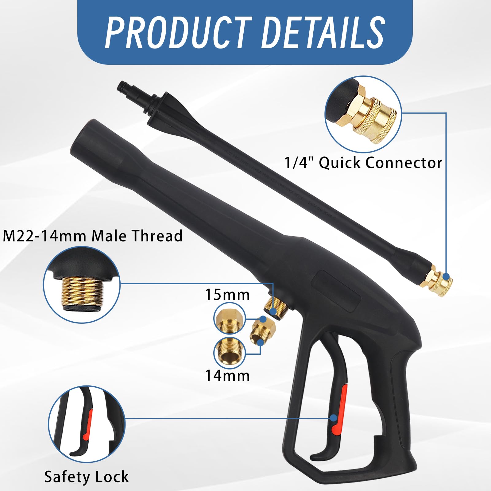 Kit pistola a spruzzo per idropulitrice con bacchetta di estensione e 5 punte per ugelli a connessione rapida, include adattatori M22-14 mm e M22-15 mm per compatibilità universale per la casa e il