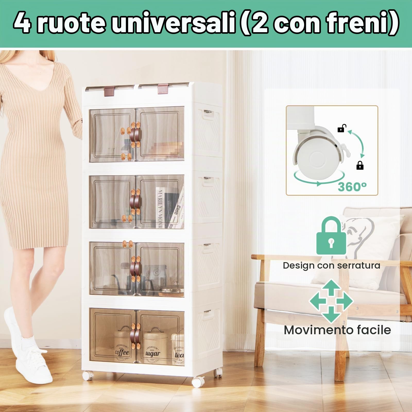 KOMFOTTEU Scatola di Stoccaggio Impilabile, Contenitore Pieghevole con Coperchi e Ruote, Scatola Organizzatore in Plastica Trasparente, per Camera da Letto, Soggiorno, 54,5 x 34,5 x 132 cm (4 Livelli)