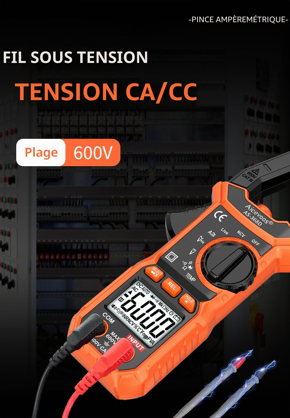 Pince Ampèremétrique Numérique TRMS 0-600A, Multimetre Automatique, Voltmètre, Amperemetre, Testeur de Tension AC/DC, Courant AC/DC, Résistance, Continuité, Capacité, Diode