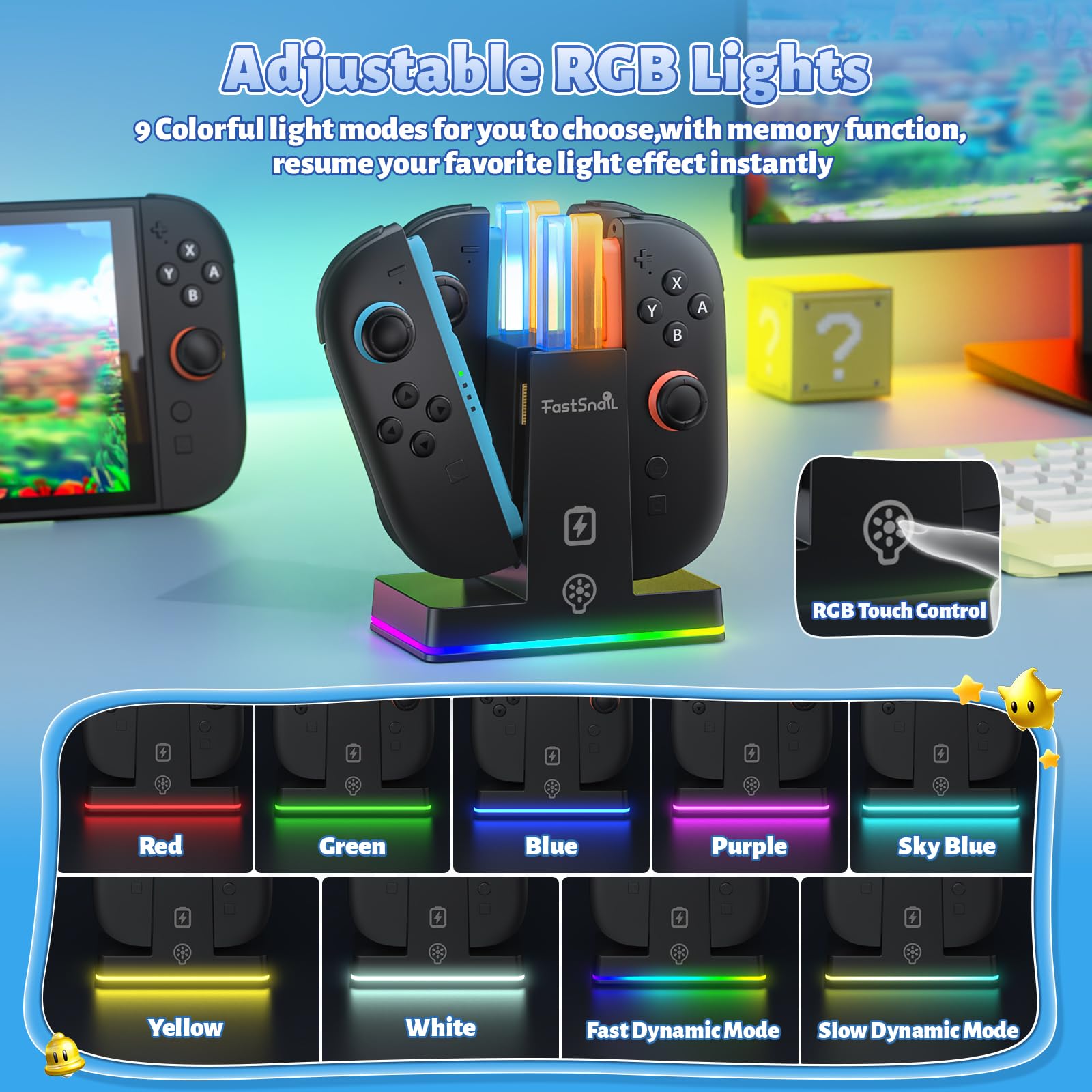 FASTSNAIL RGB Caricatore per Switch 2, Dock di ricarica compatibile con Switch 2 per Joycon 2, Controller accessorio per Switch 2, 9 modalità di luce RGB(NON per Switch 2017/OLED)