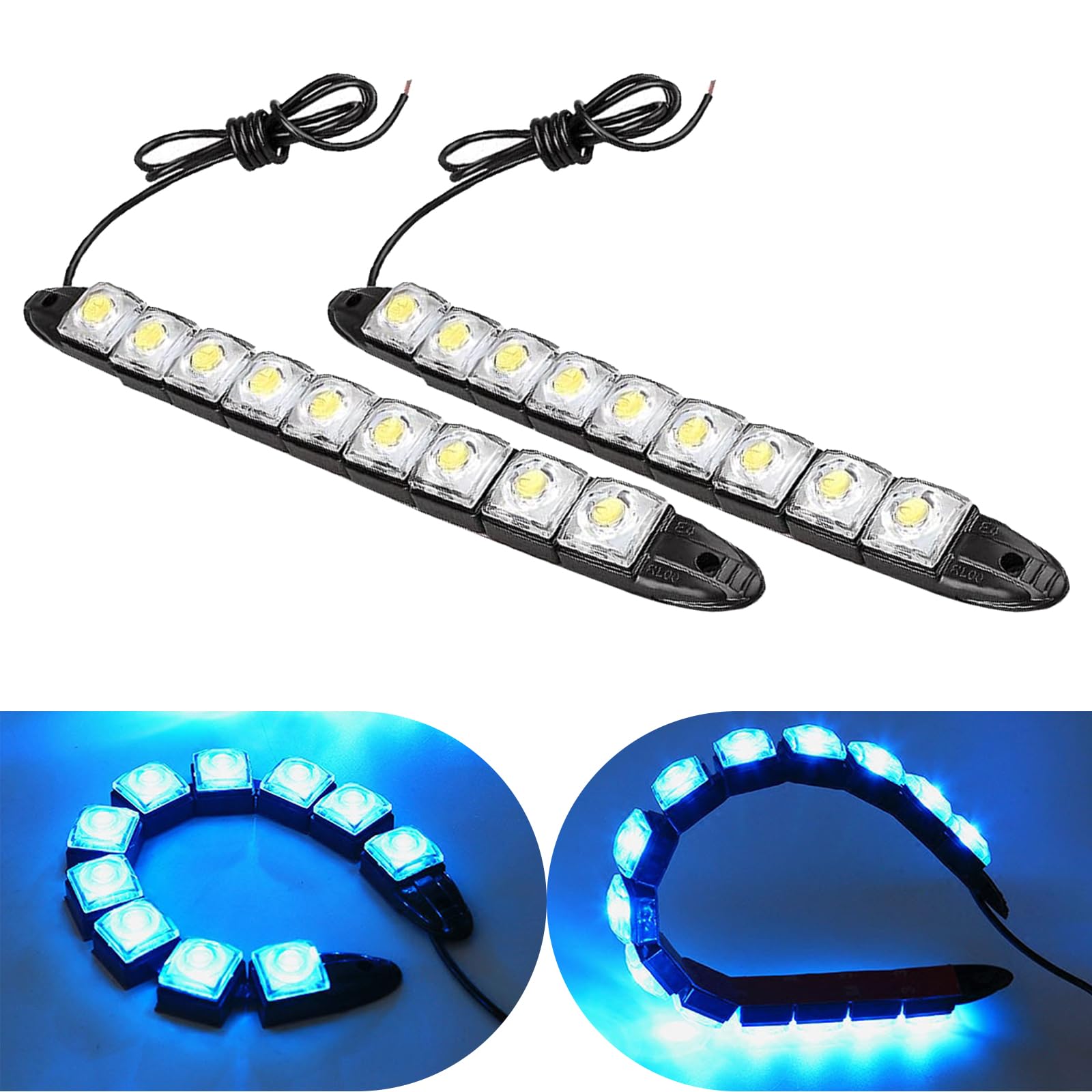 2 Pieces LED Car Daytime Running Strip Lights Kit — Super Bright IP67 Waterproof Vehicle Fog Lamp — Universal 12V Flexible High Power Automotive Clearance Light for Truck, SUV, Car (Light Blue)